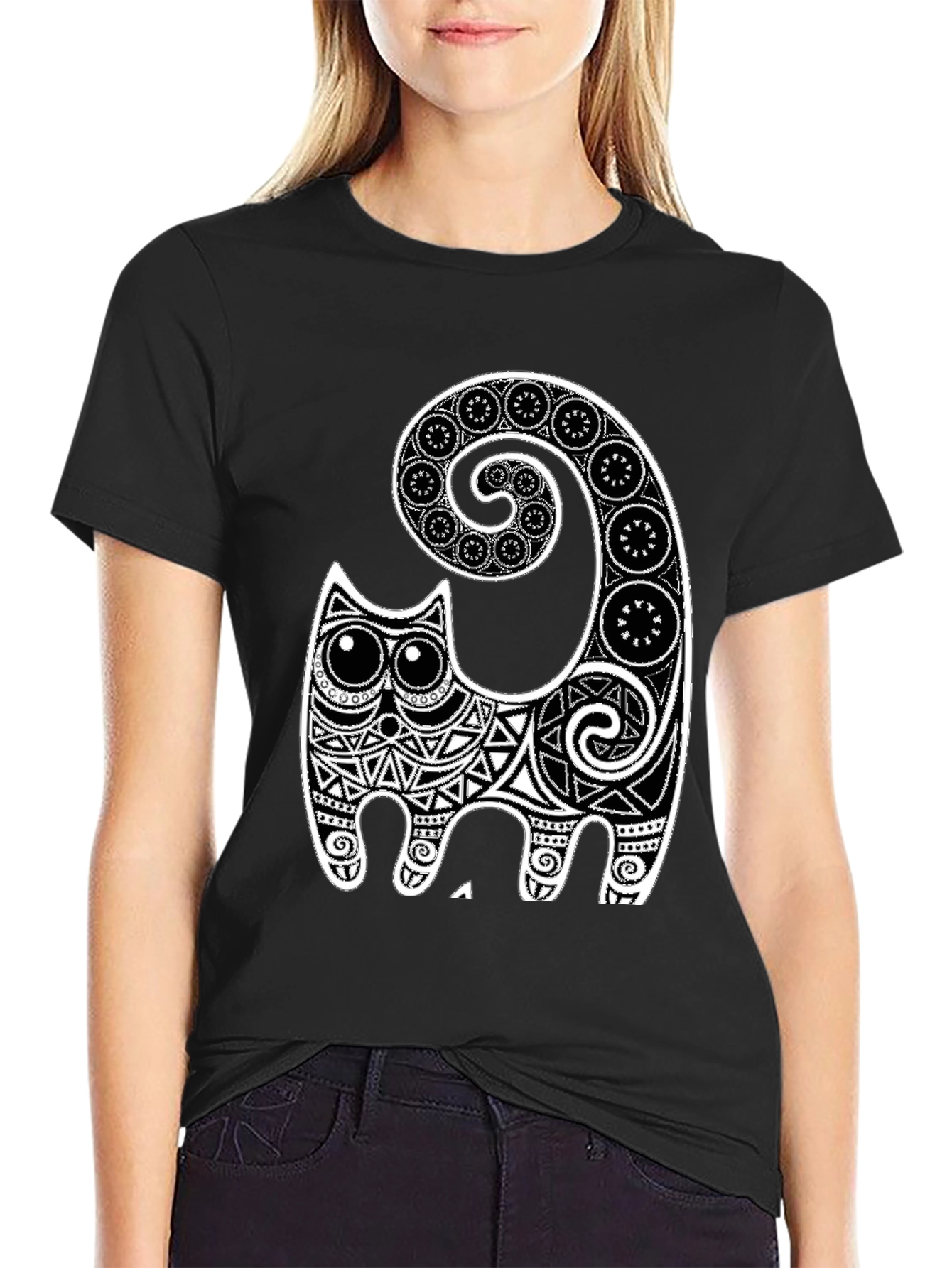 Tribal Cat Graphic Tee - Black