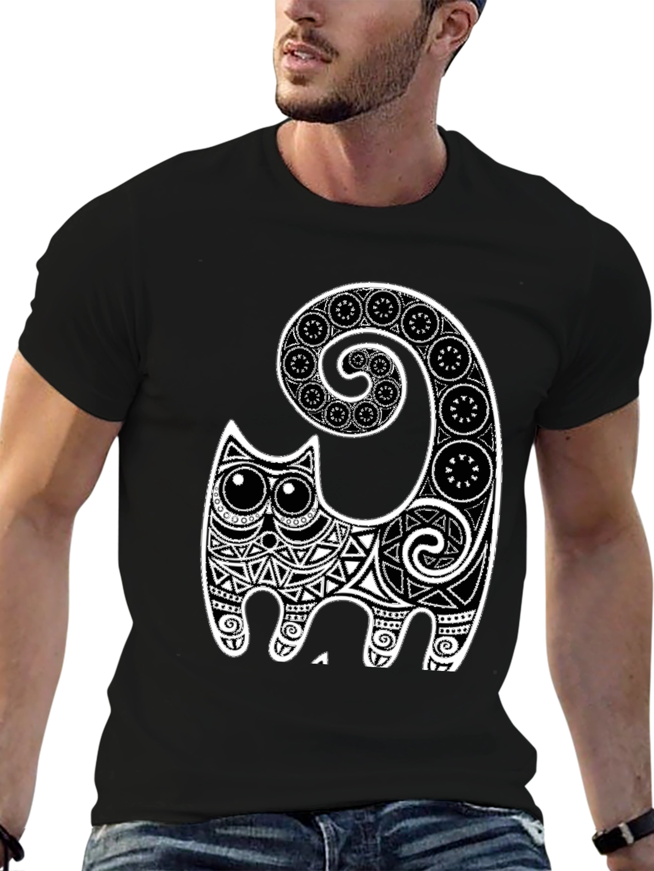 Tribal Cat Graphic Tee - Black