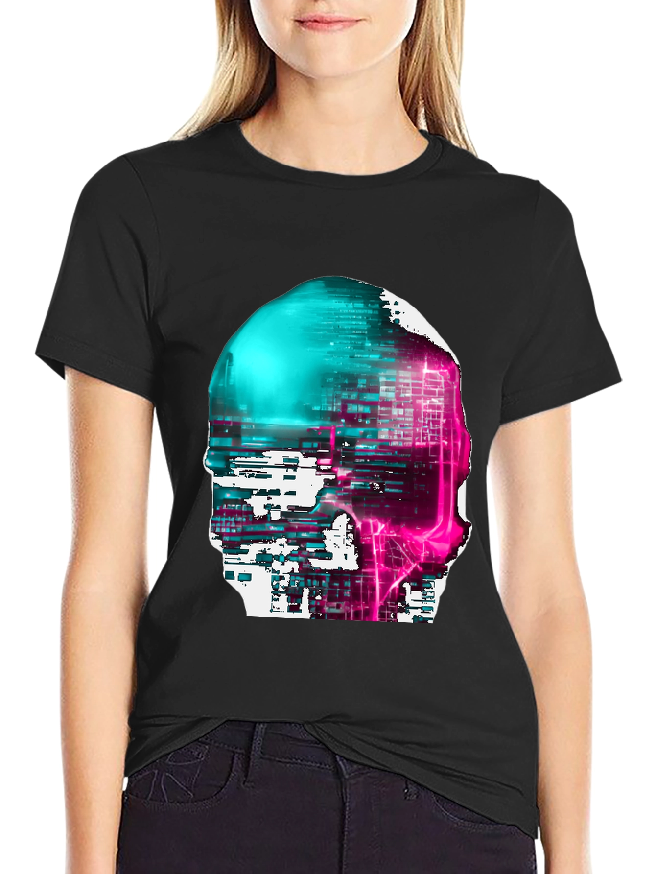 Cyberpunk Skull Graphic Tee - Black Cotton Blend