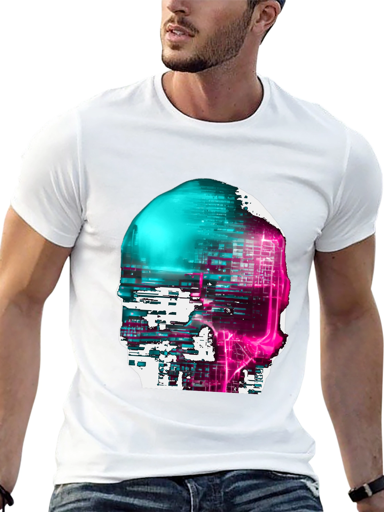 Cyberpunk Skull Graphic Tee - Black Cotton Blend