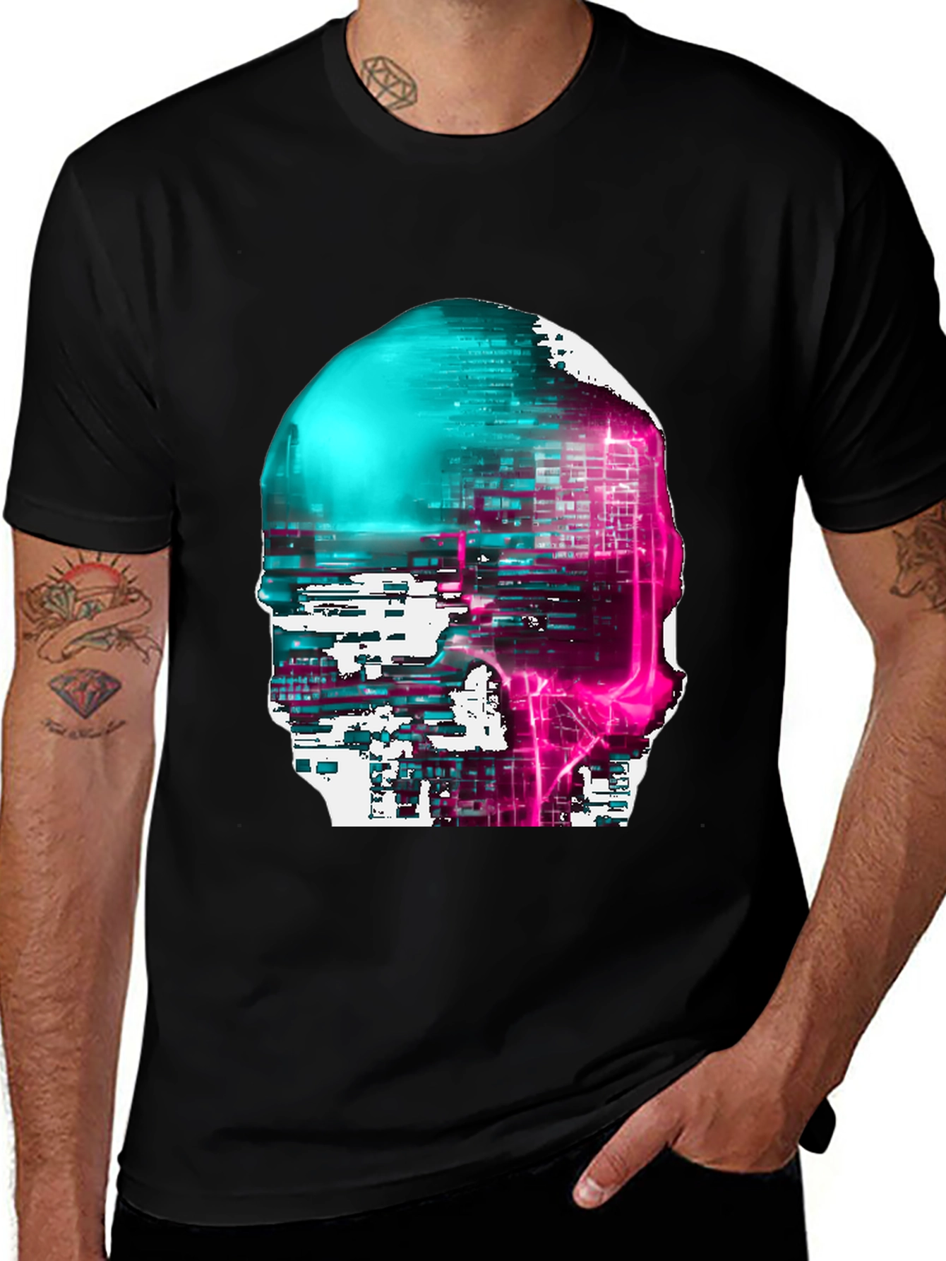 Cyberpunk Skull Graphic Tee - Black Cotton Blend