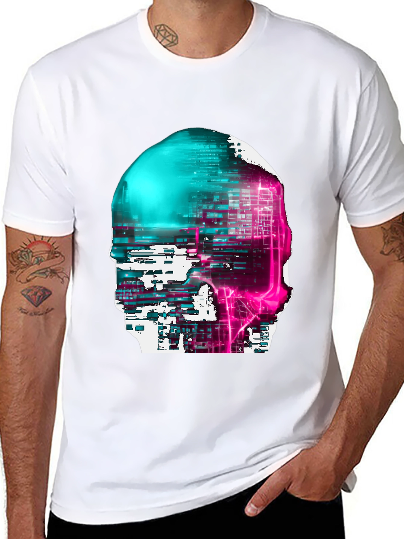 Cyberpunk Skull Graphic Tee - Black Cotton Blend