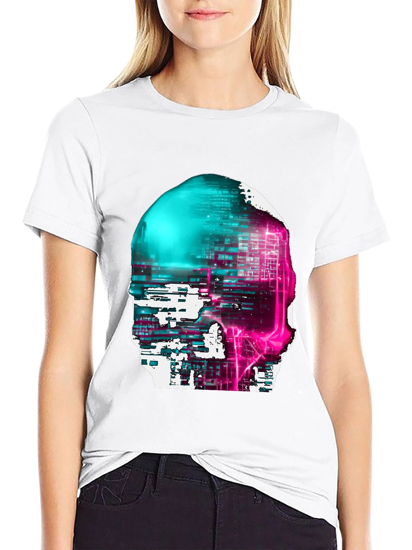 Cyberpunk Skull Graphic Tee - Black Cotton Blend