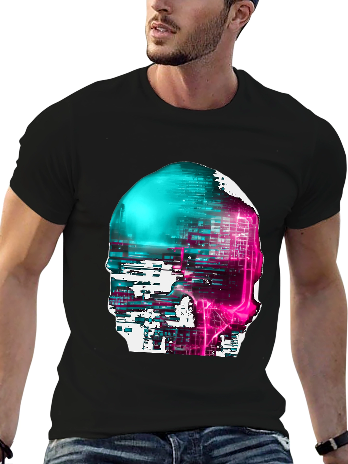 Cyberpunk Skull Graphic Tee - Black Cotton Blend