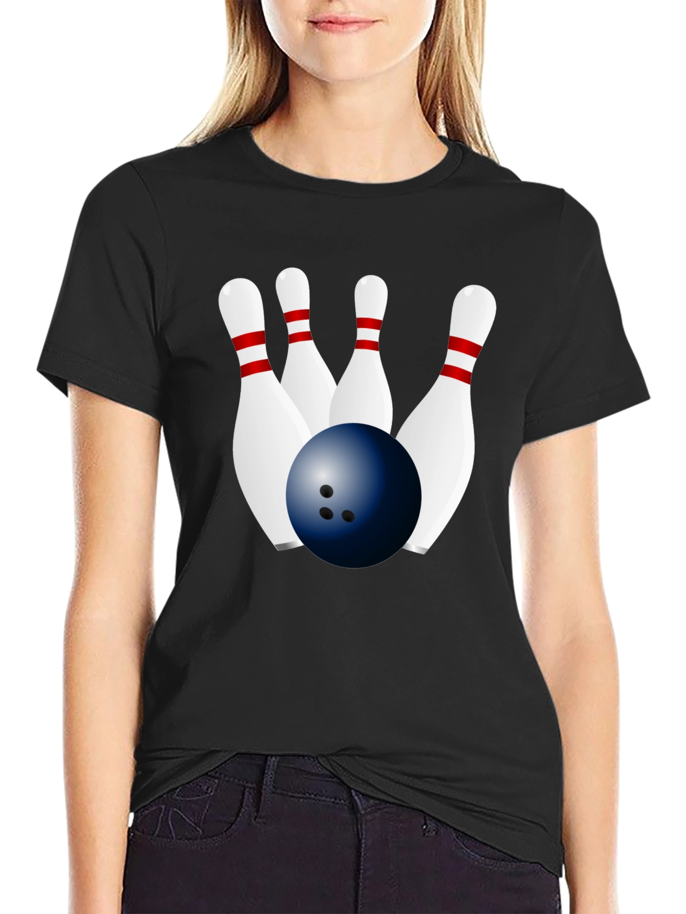 Bowling Ball & Pins Graphic Black T-Shirt