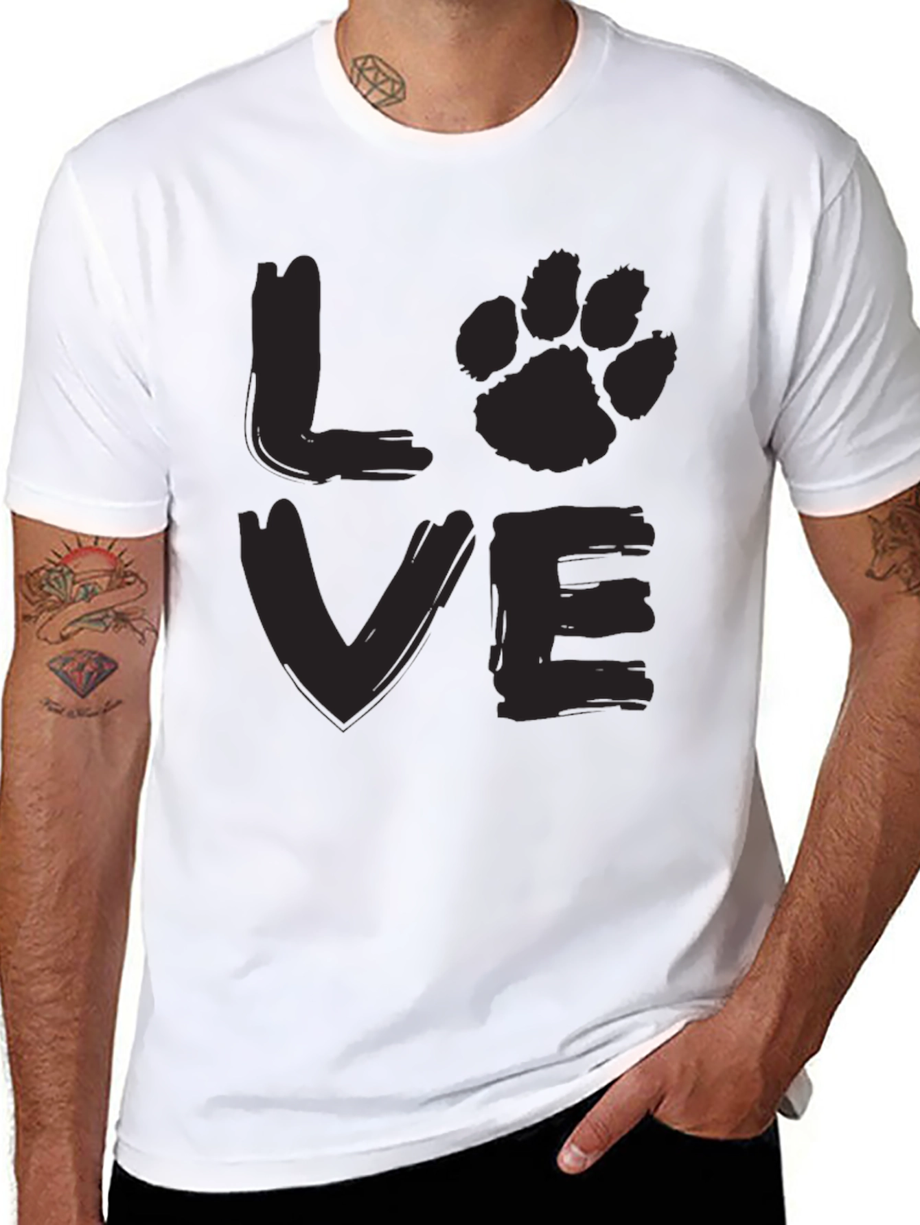 LOVE Dog Paw Print Mens Black Graphic T-Shirt