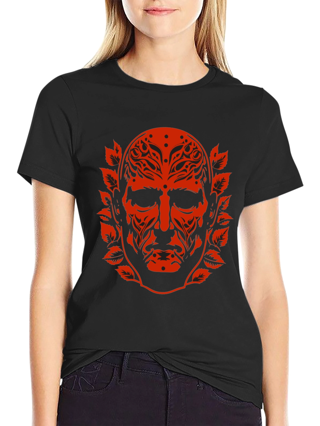 Ornate Red Face Graphic Black T-Shirt