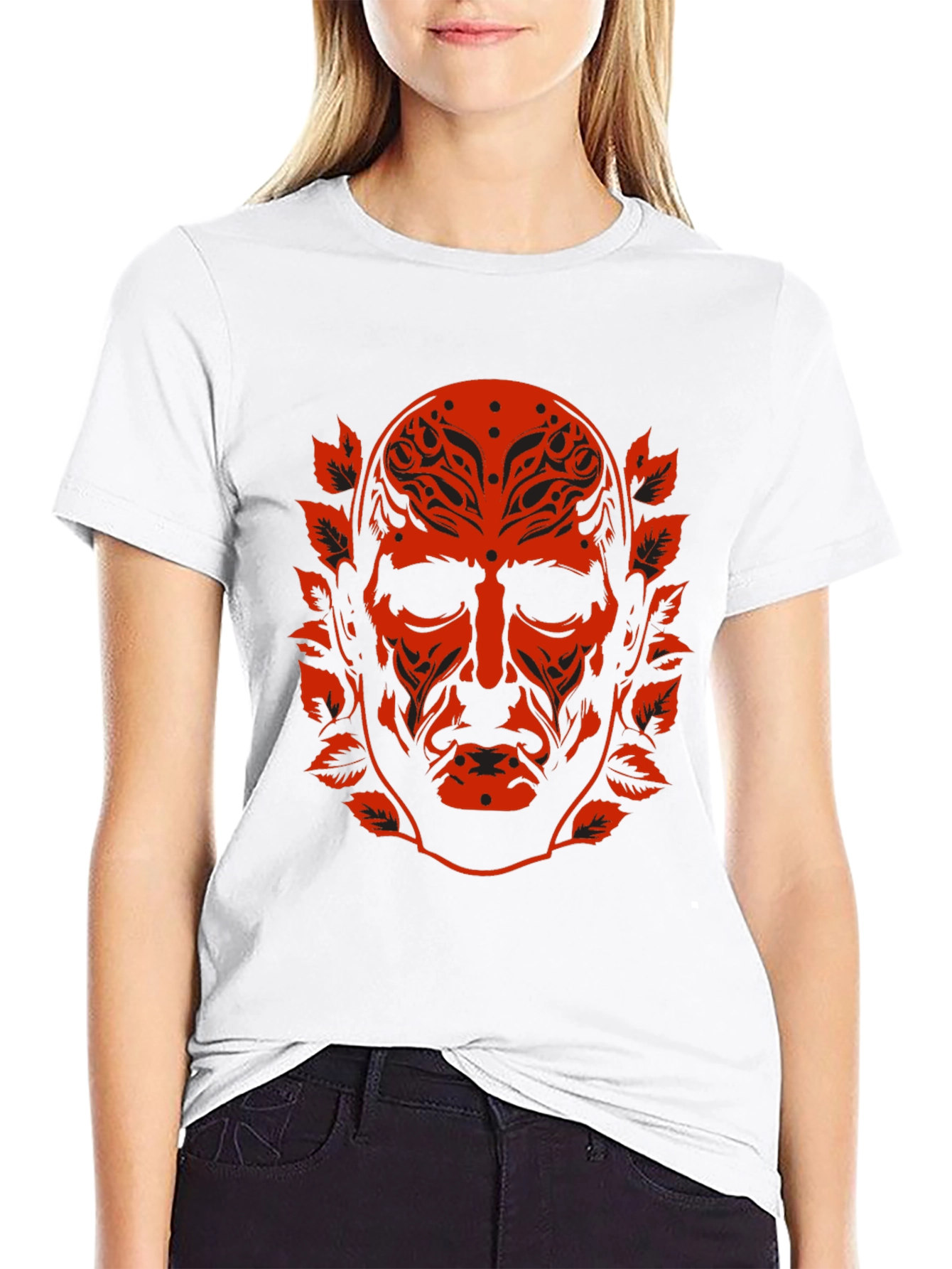 Ornate Red Face Graphic Black T-Shirt