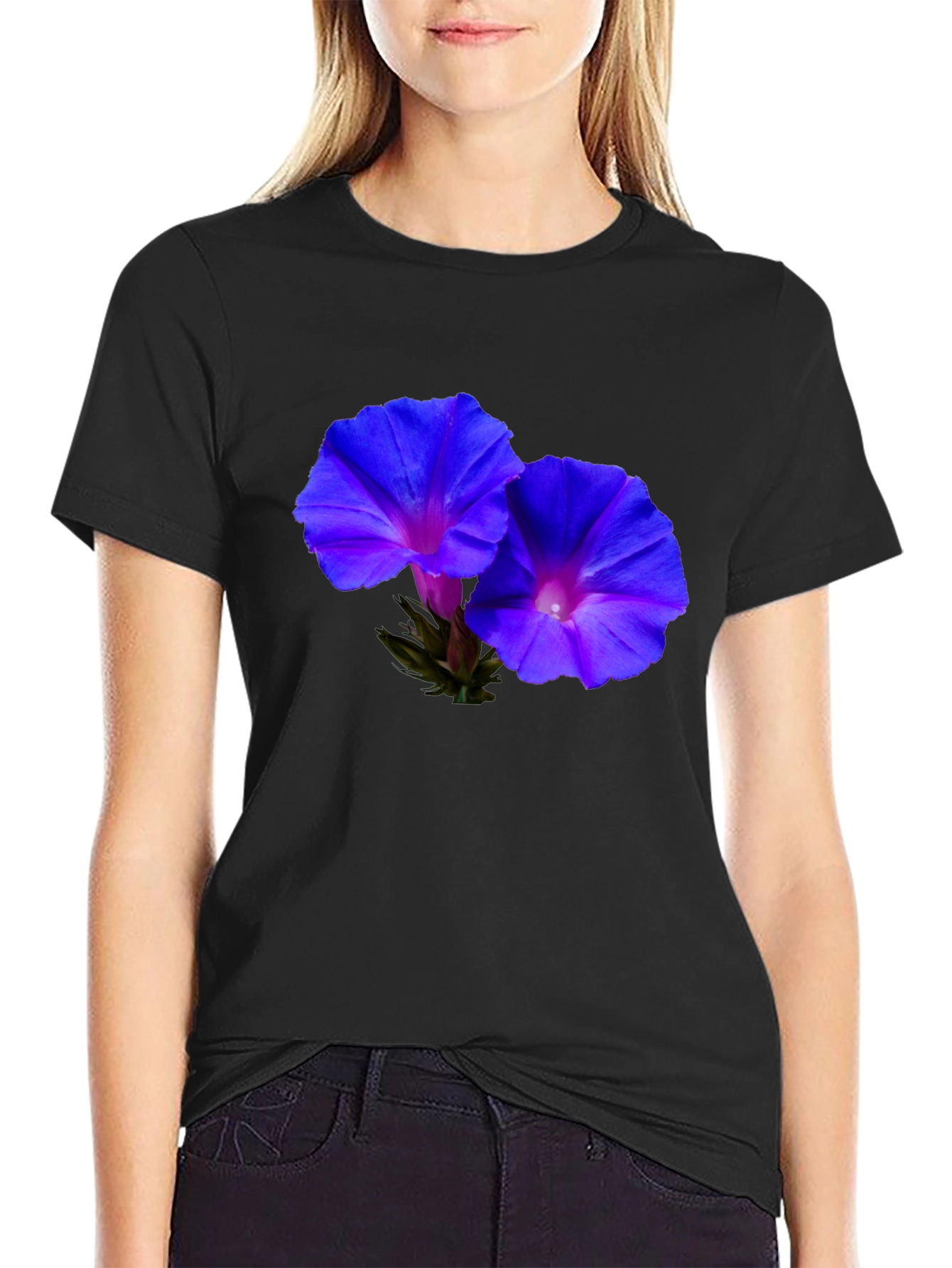 Floral Morning Glory Print Black T-Shirt