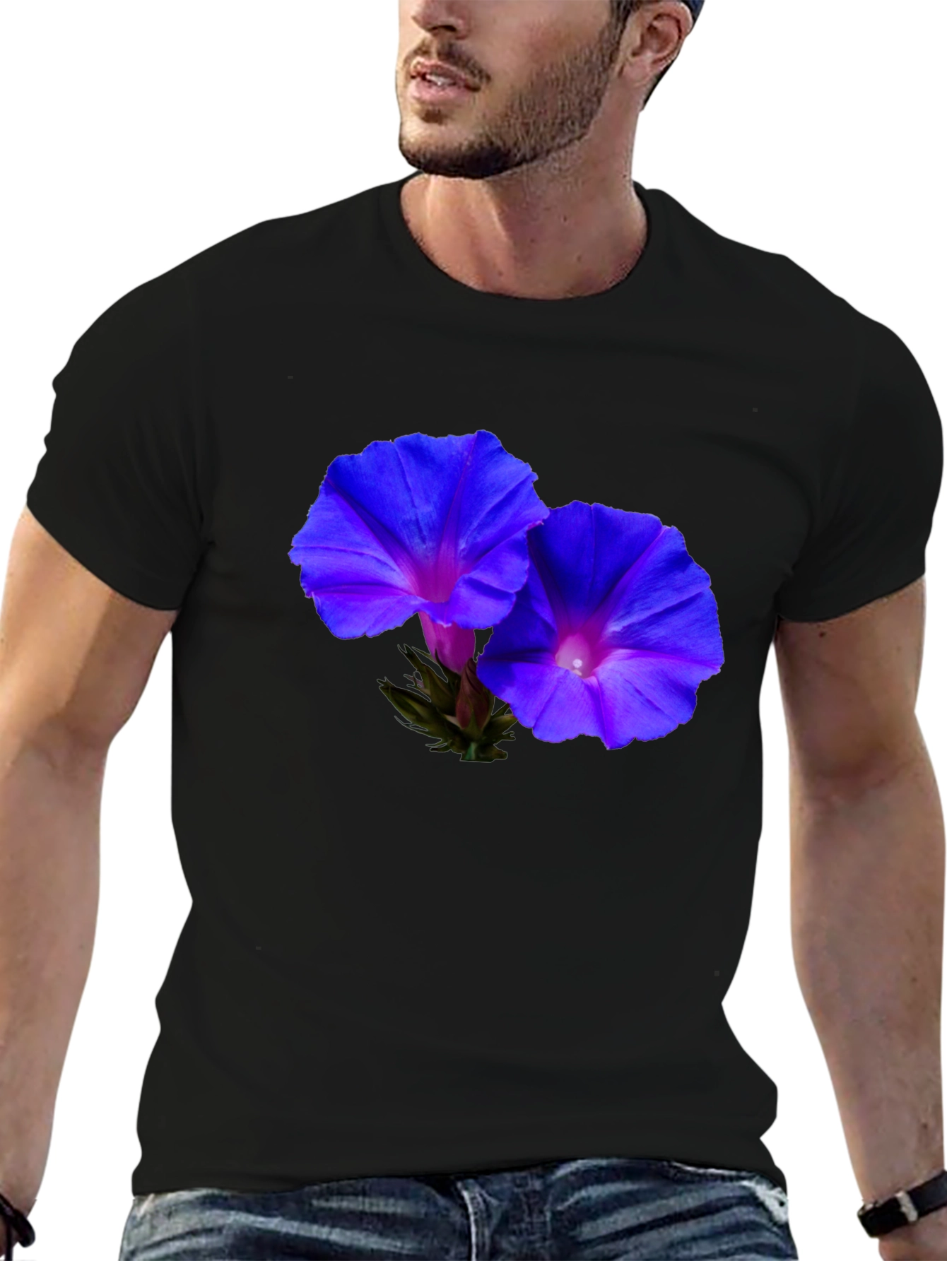 Floral Morning Glory Print Black T-Shirt