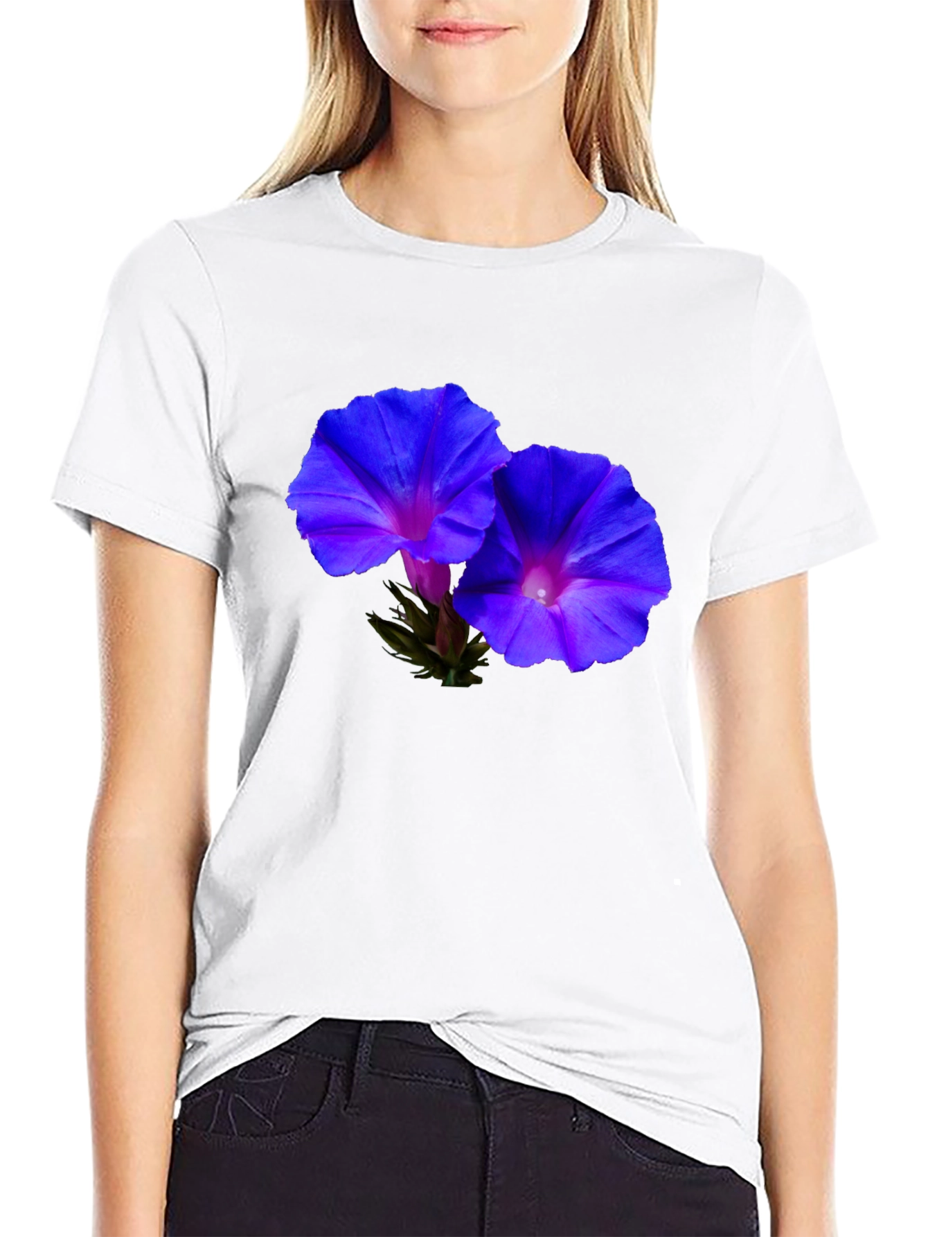 Floral Morning Glory Print Black T-Shirt