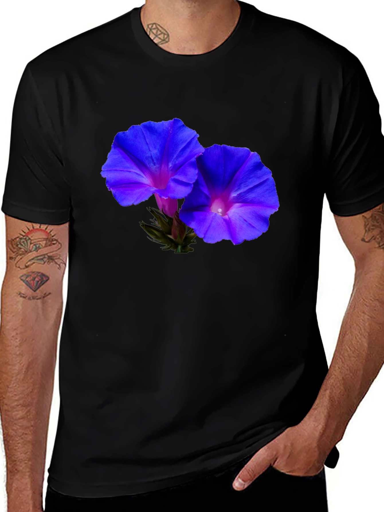 Floral Morning Glory Print Black T-Shirt