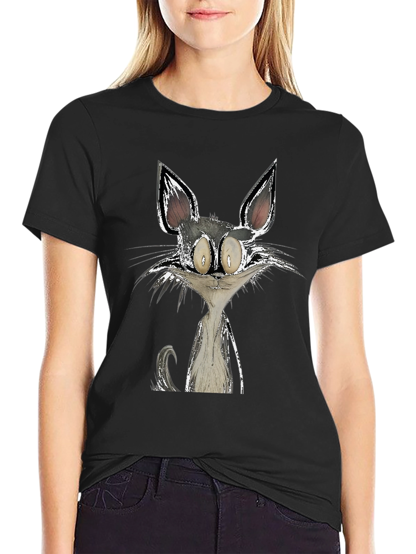 Cartoon Cat Graphic Black T-Shirt
