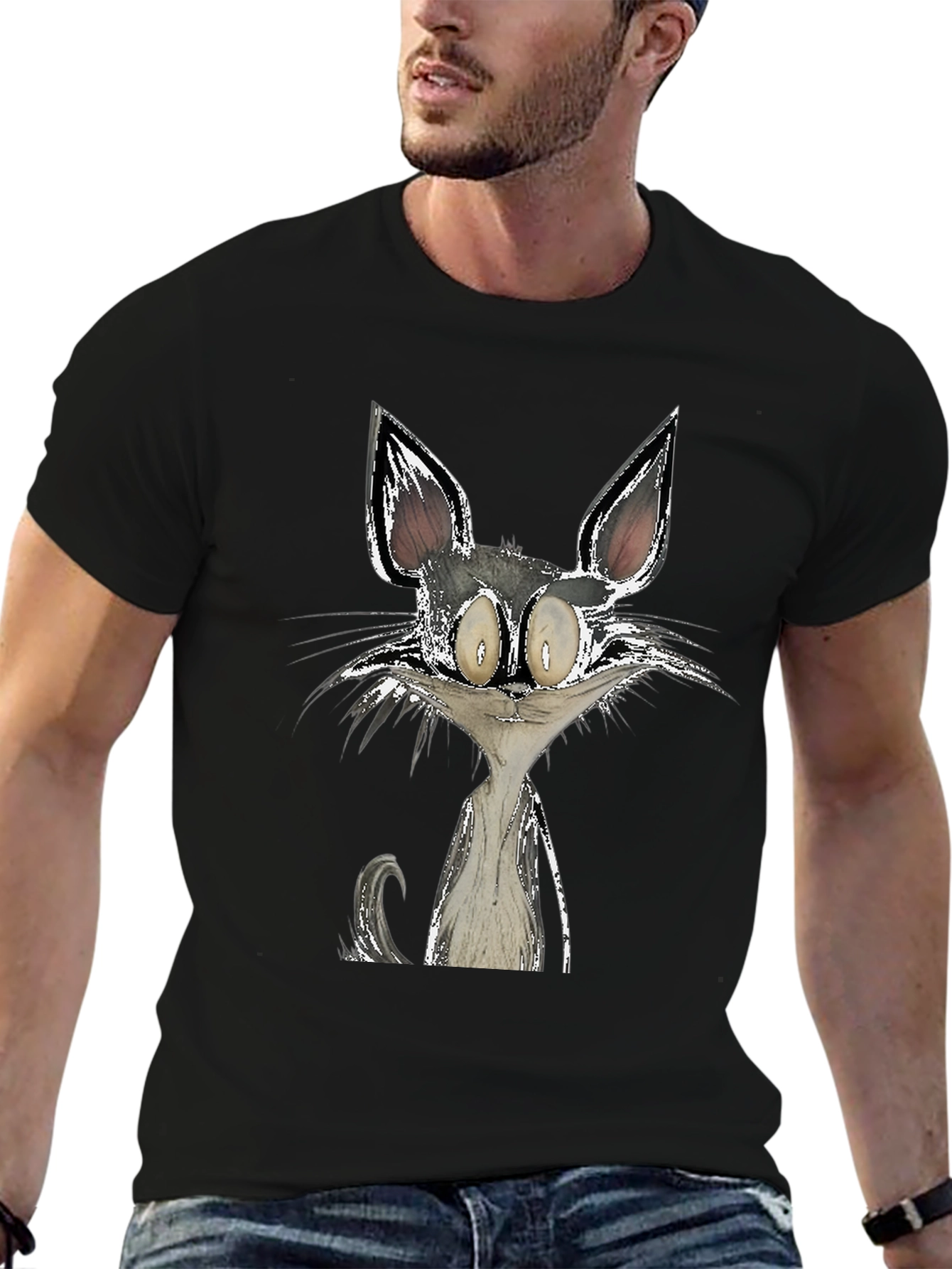 Cartoon Cat Graphic Black T-Shirt
