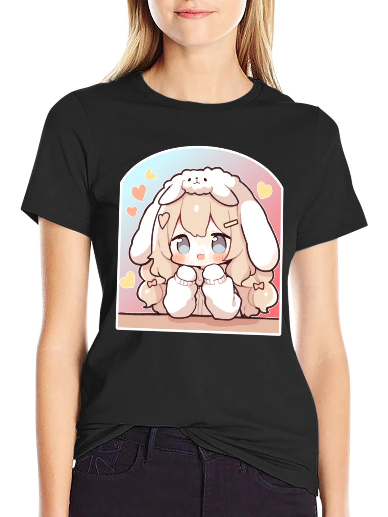 Kawaii Anime Bunny Girl Black T-Shirt