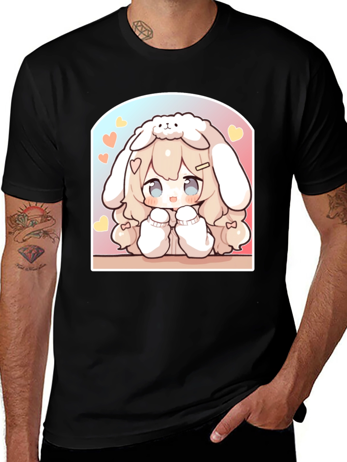 Kawaii Anime Bunny Girl Black T-Shirt