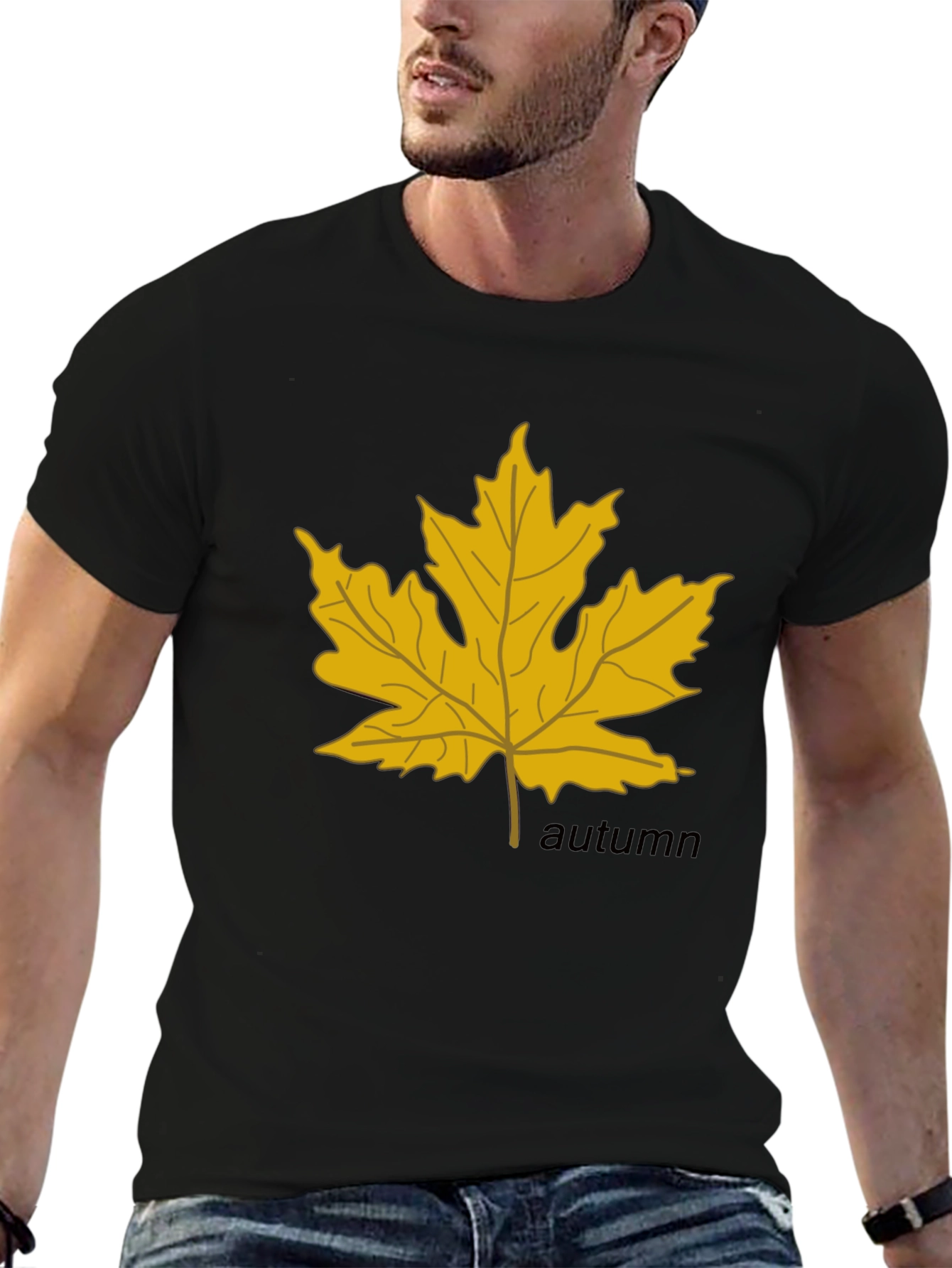 Autumn Maple Leaf Graphic Black T-Shirt
