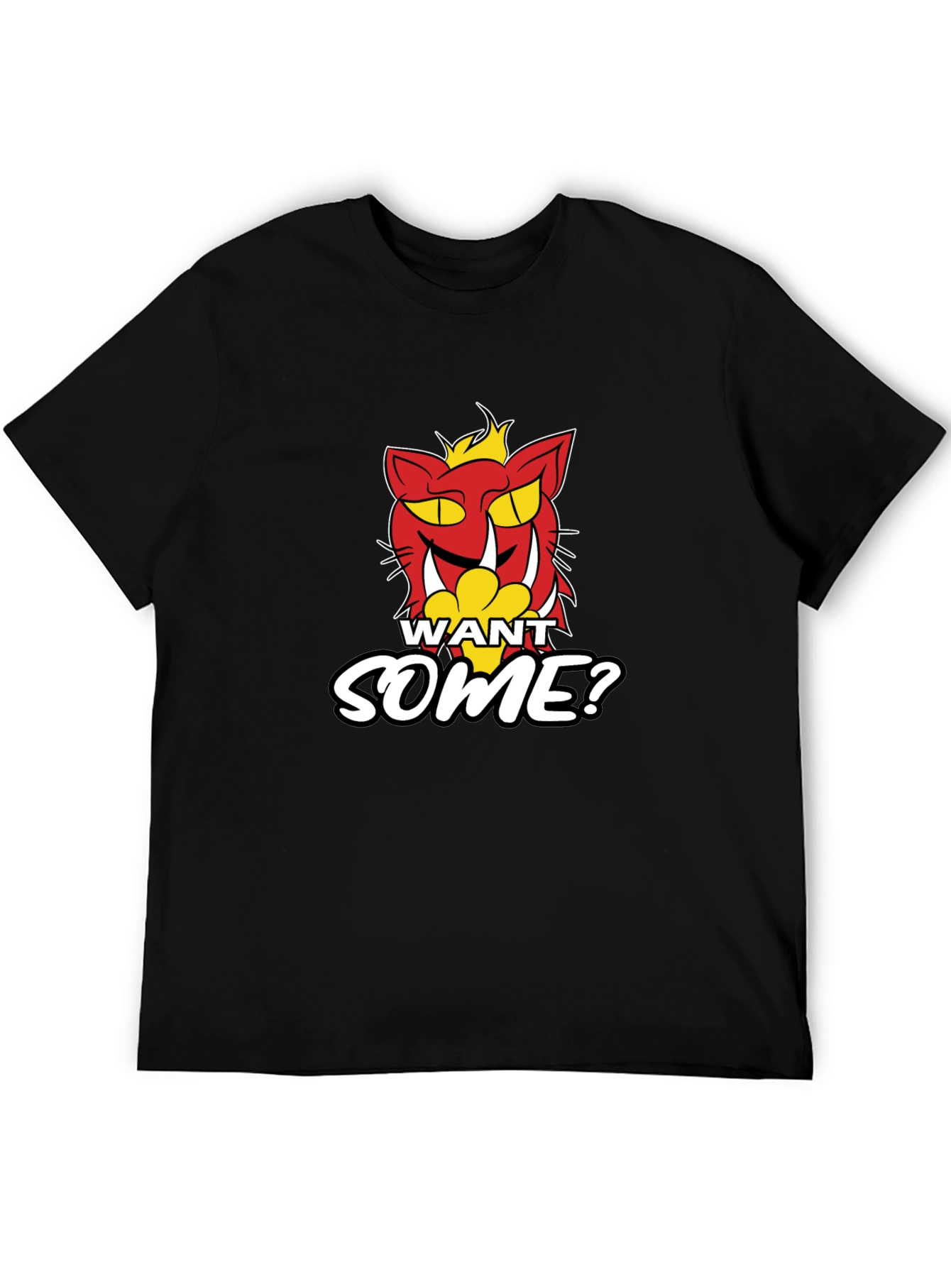 Want Some? Cartoon Cat Graphic Print Black T-Shirt