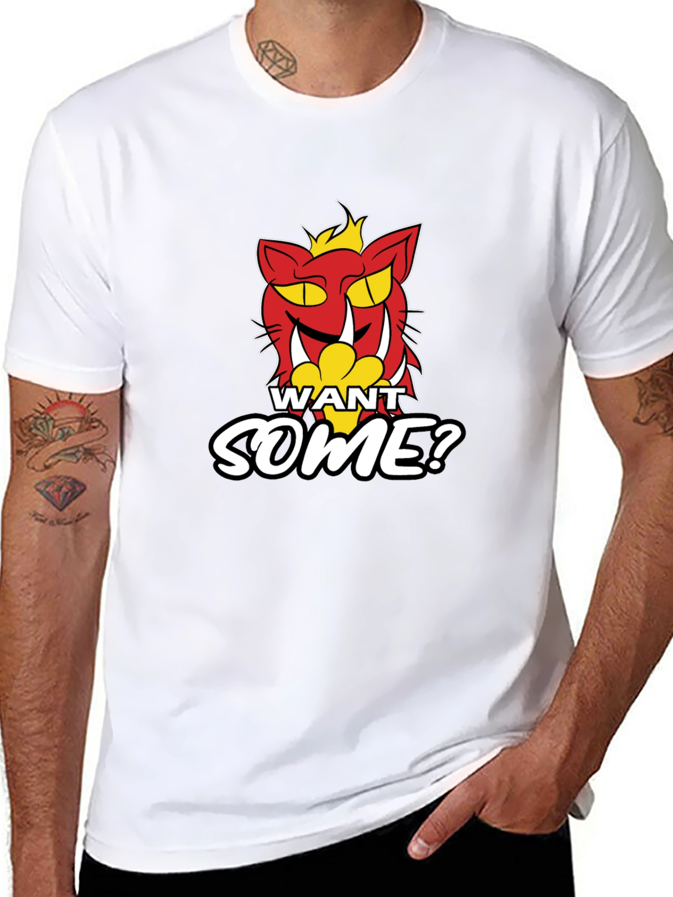 Want Some? Cartoon Cat Graphic Print Black T-Shirt