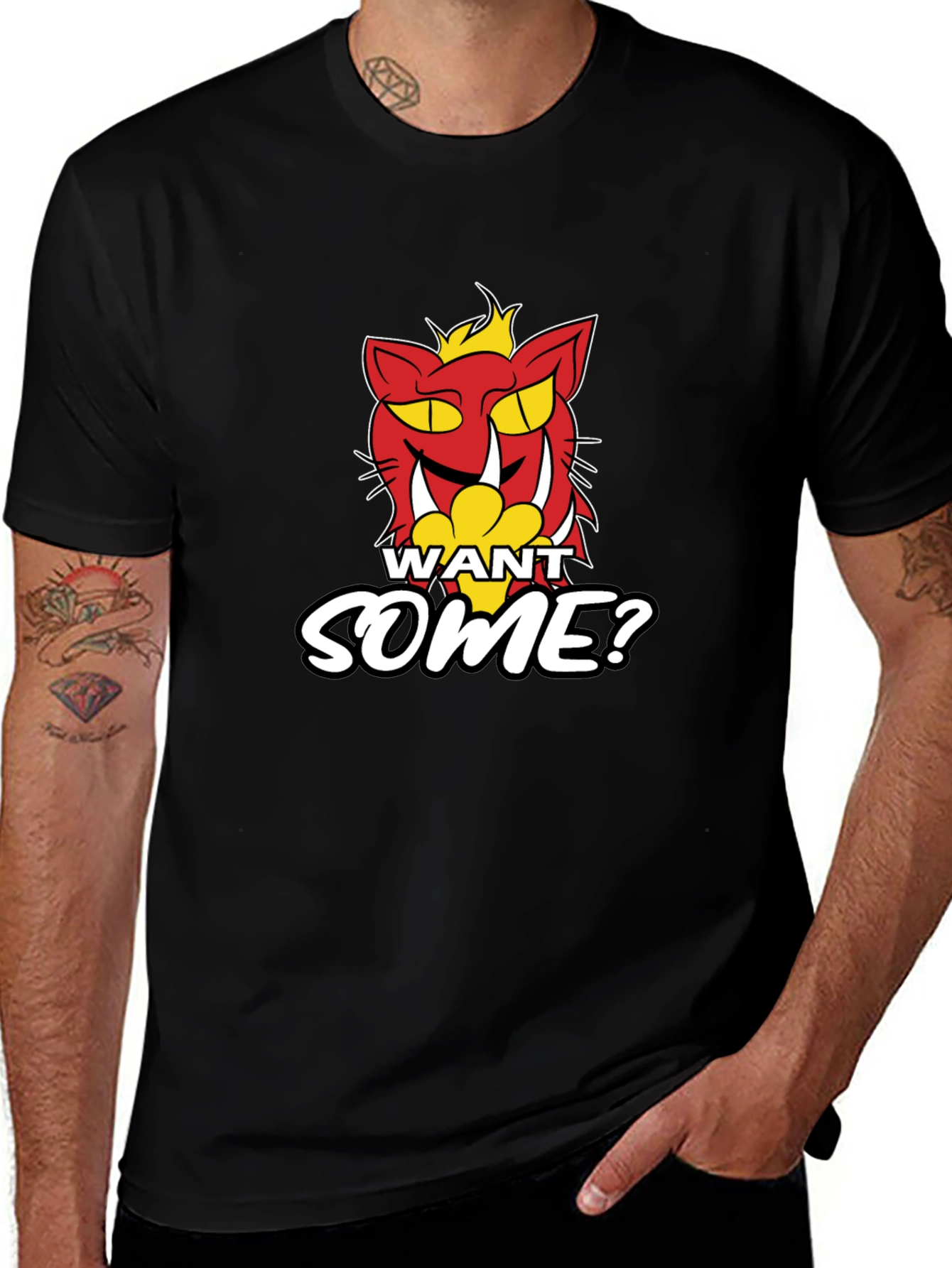 Want Some? Cartoon Cat Graphic Print Black T-Shirt