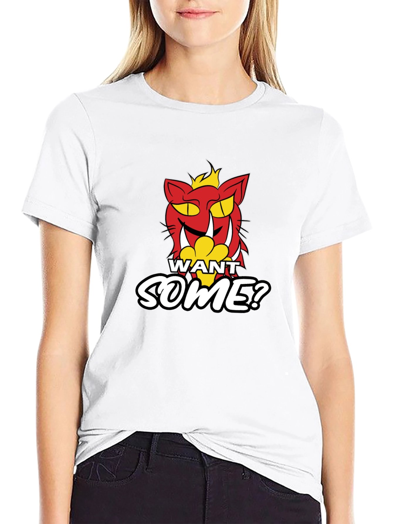 Want Some? Cartoon Cat Graphic Print Black T-Shirt