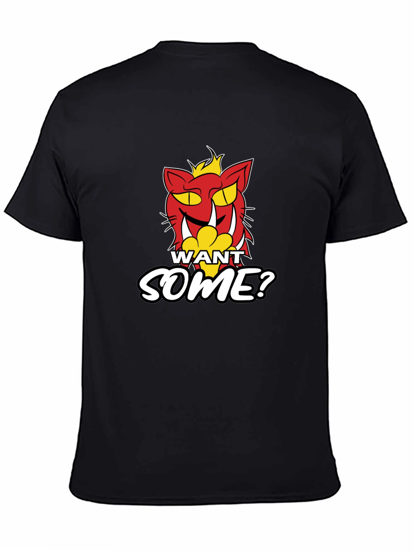 Want Some? Cartoon Cat Graphic Print Black T-Shirt