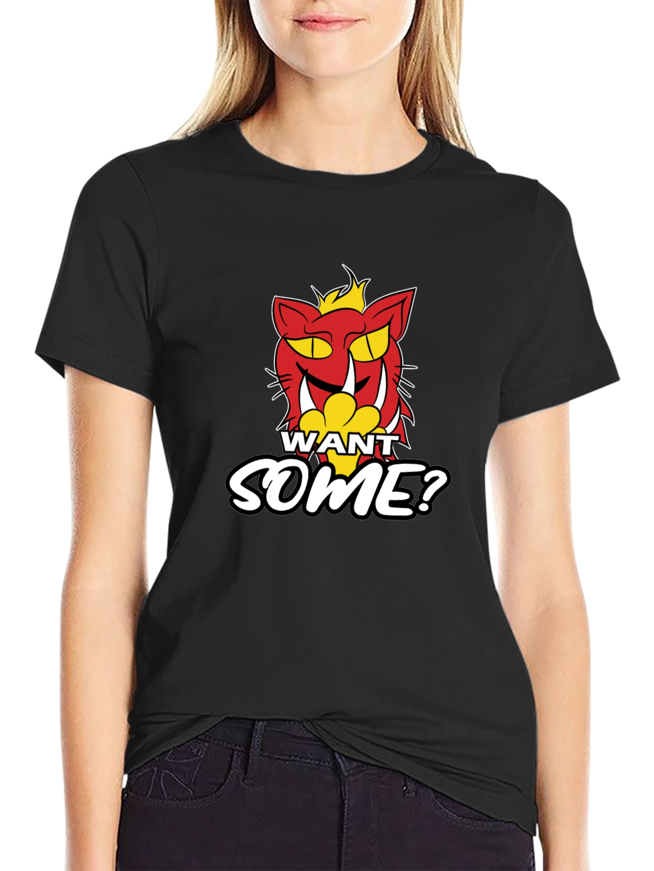 Want Some? Cartoon Cat Graphic Print Black T-Shirt