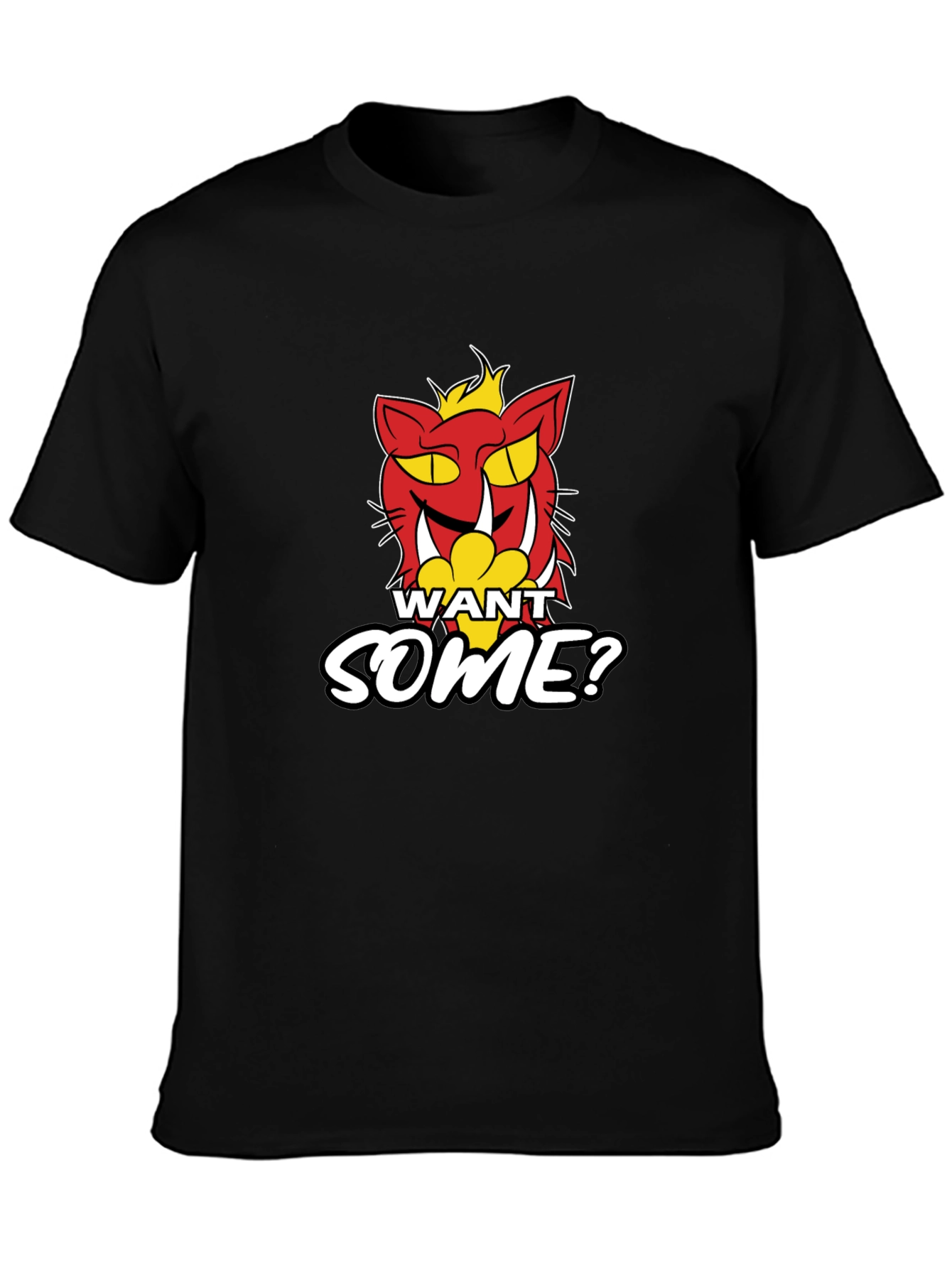 Want Some? Cartoon Cat Graphic Print Black T-Shirt