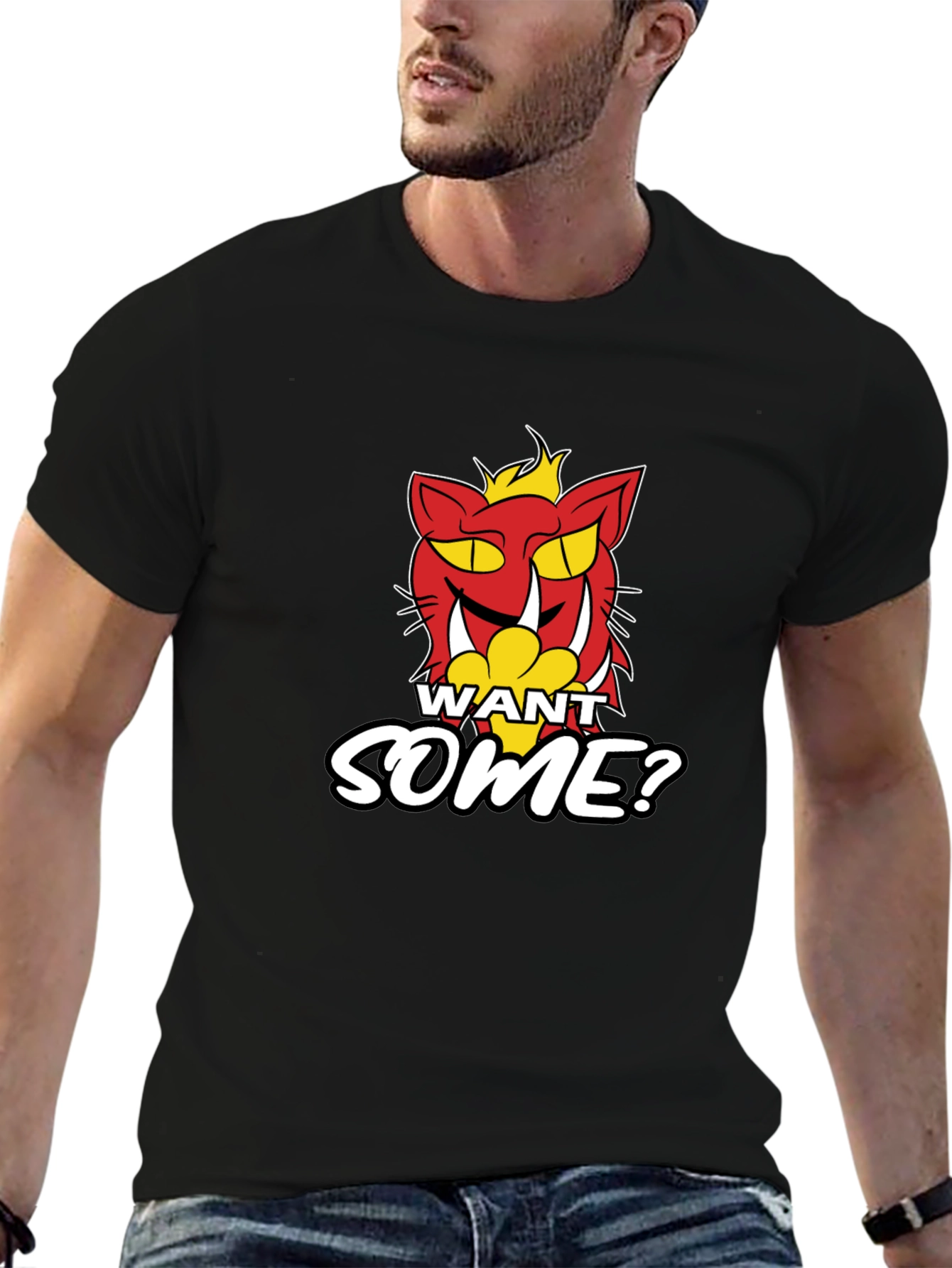 Want Some? Cartoon Cat Graphic Print Black T-Shirt