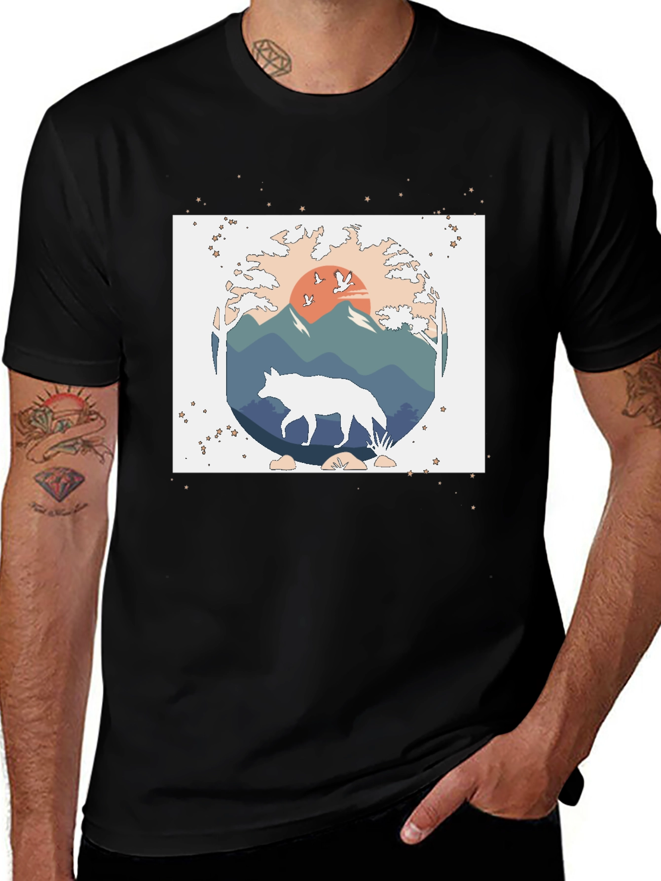 Nature Wolf Graphic Tee - Black Cotton Blend