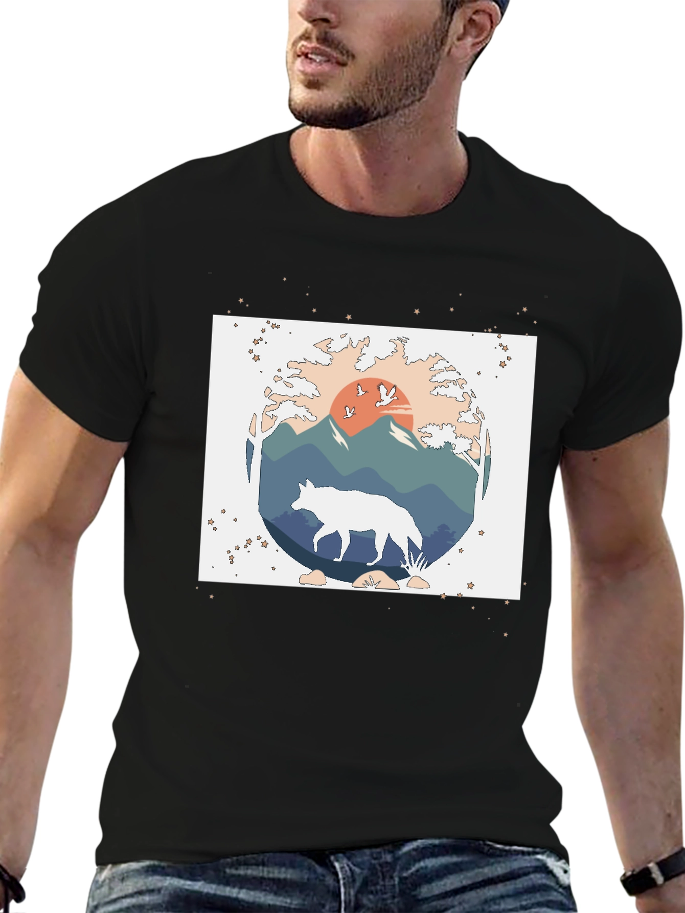 Nature Wolf Graphic Tee - Black Cotton Blend