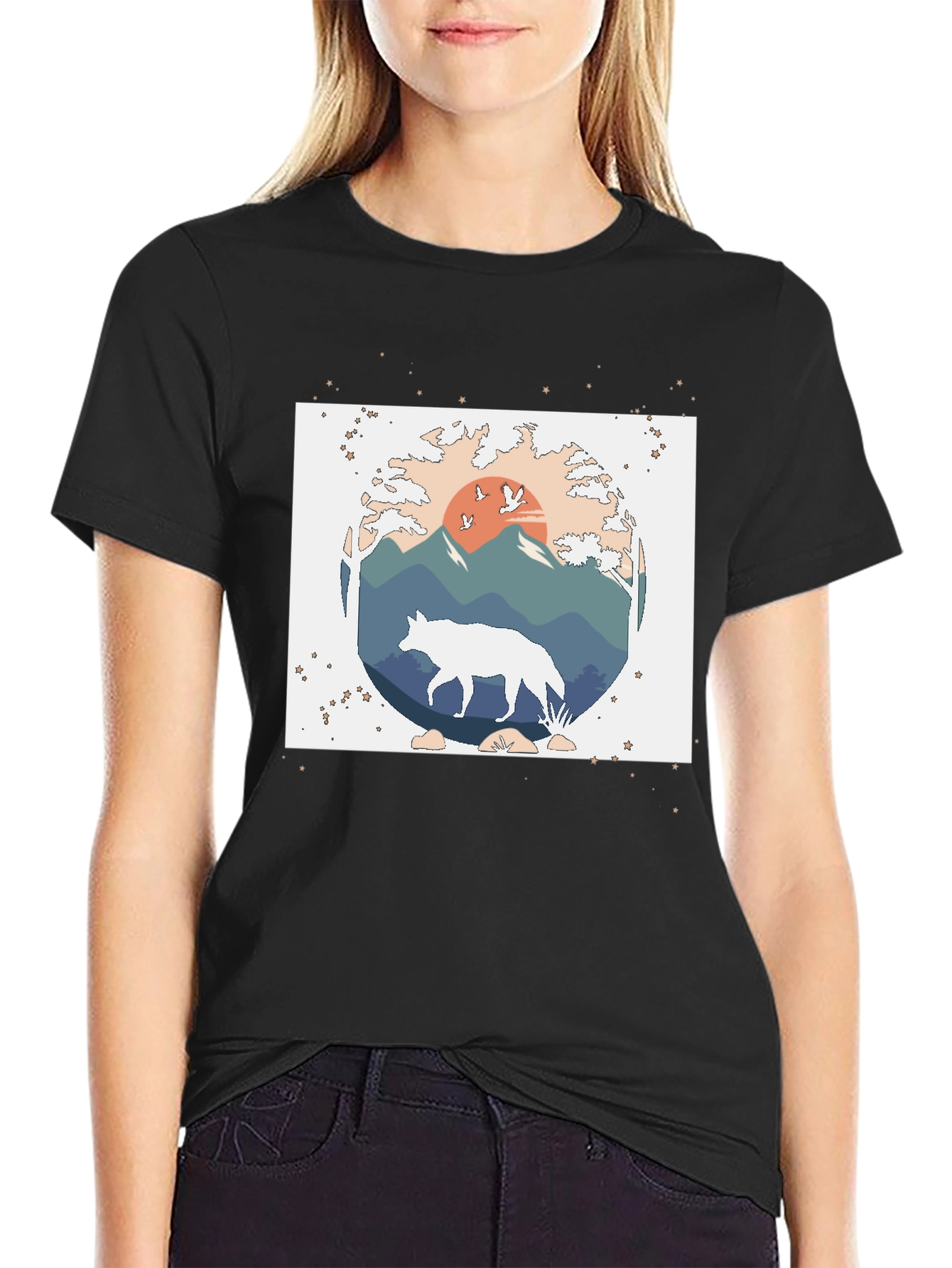 Nature Wolf Graphic Tee - Black Cotton Blend