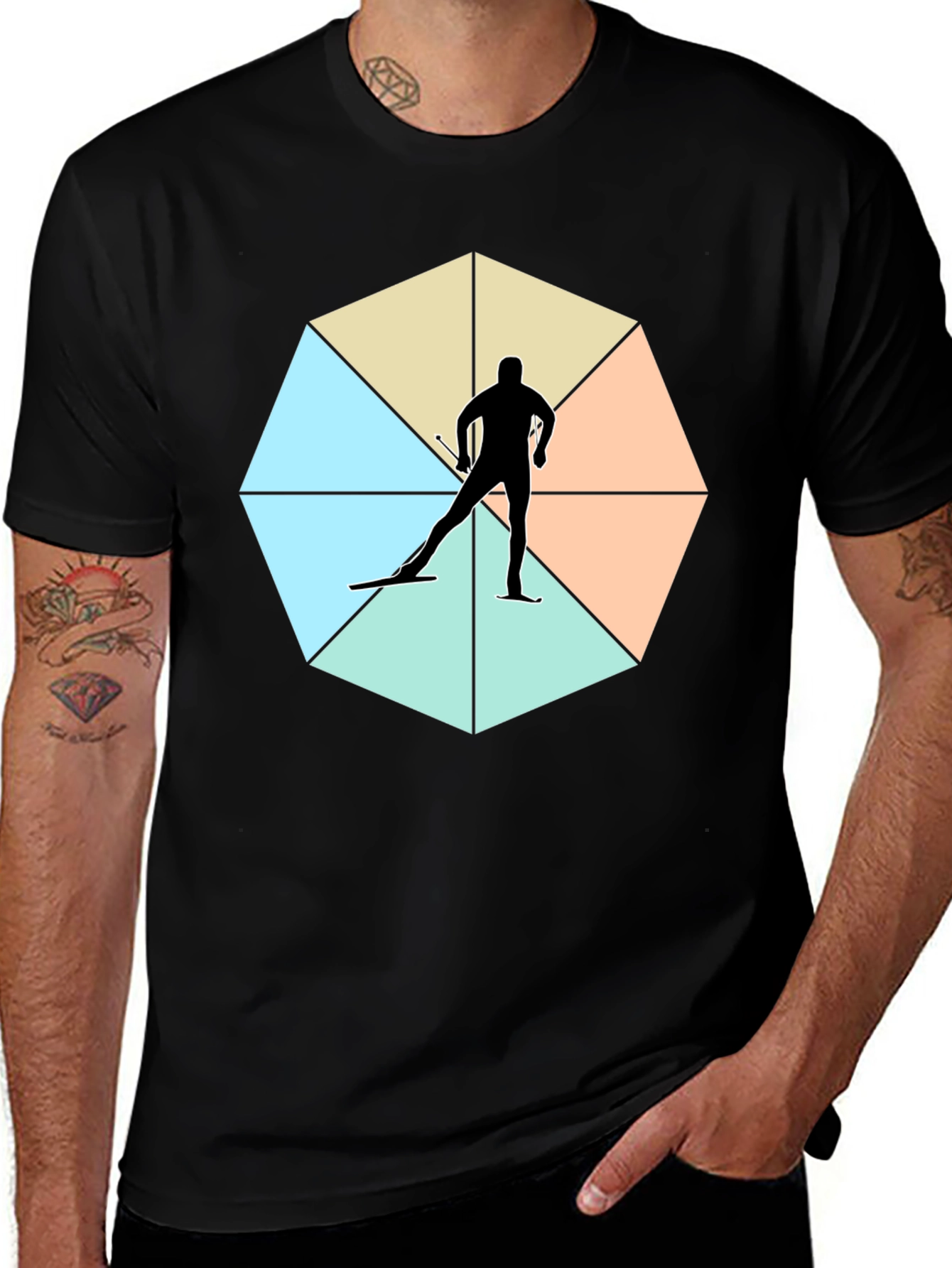Geometric Skier Graphic Tee - Black Cotton