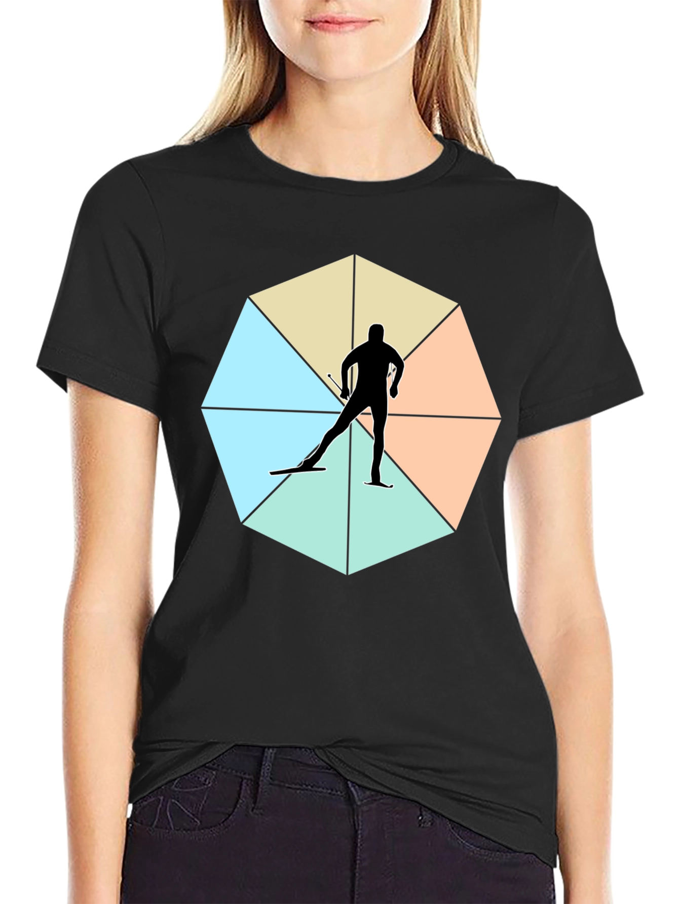 Geometric Skier Graphic Tee - Black Cotton