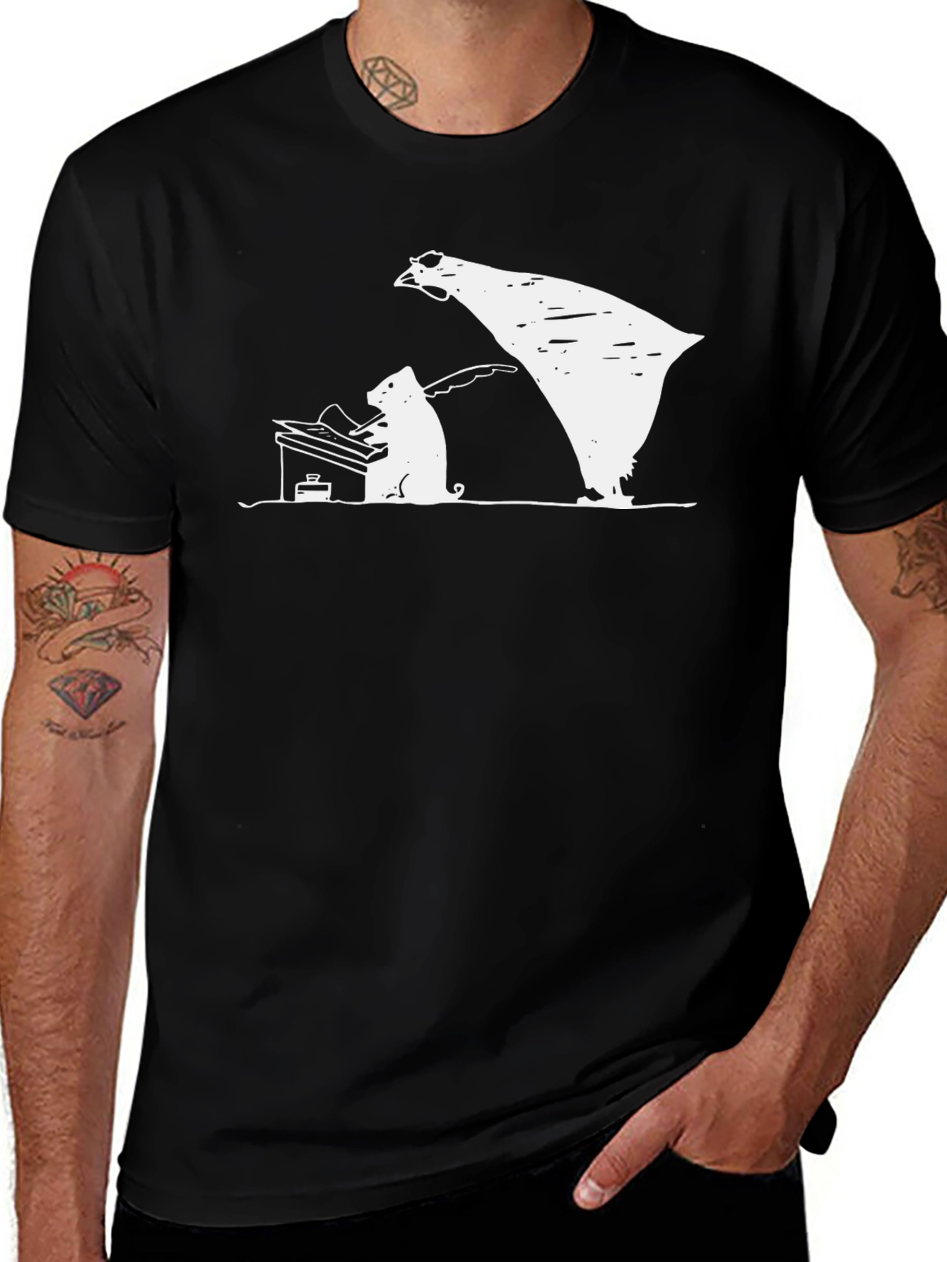 Black T-Shirt with Piano Playing Cat Design