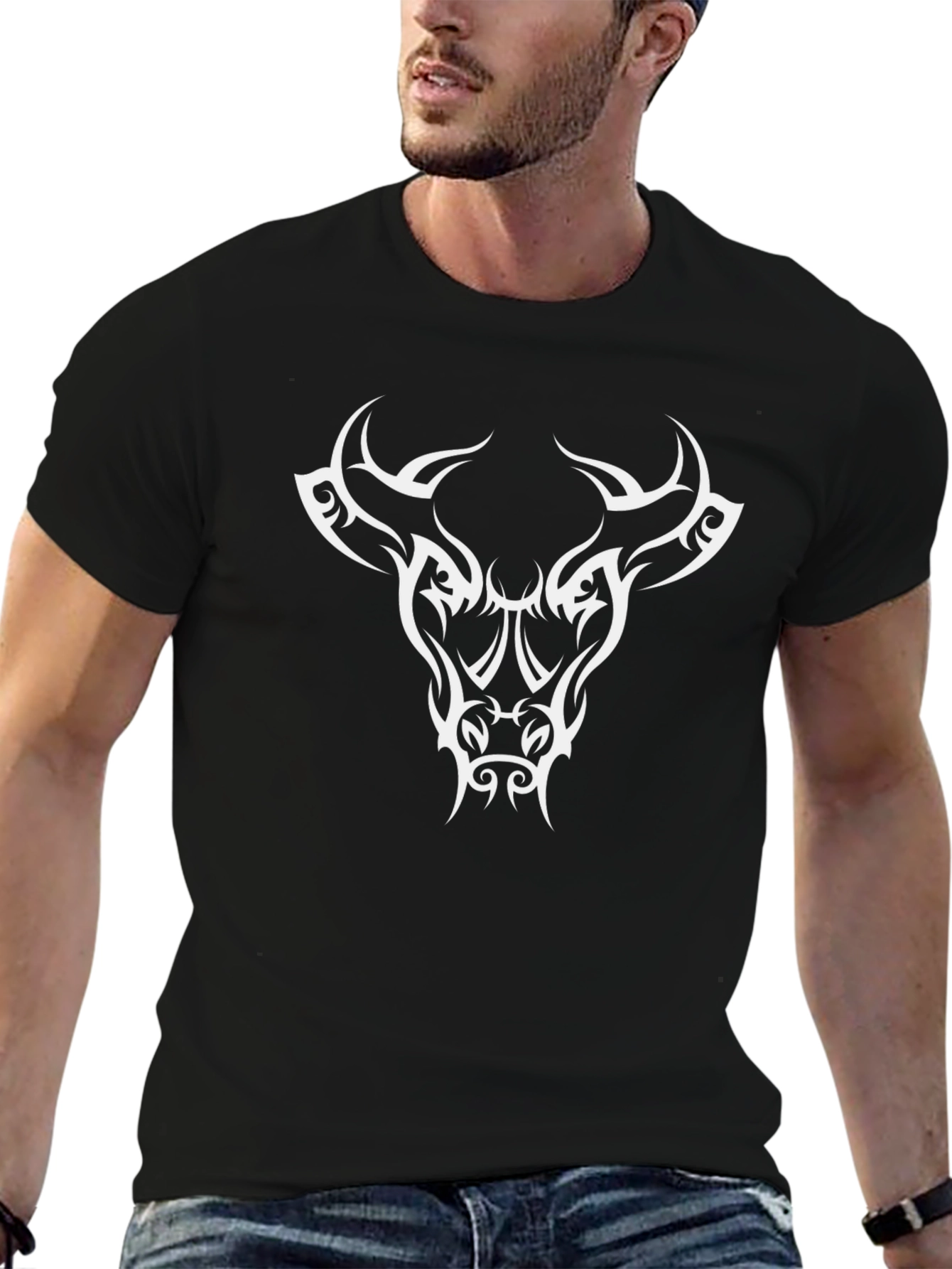 Tribal Bull Graphic Tee - Black Cotton T-Shirt