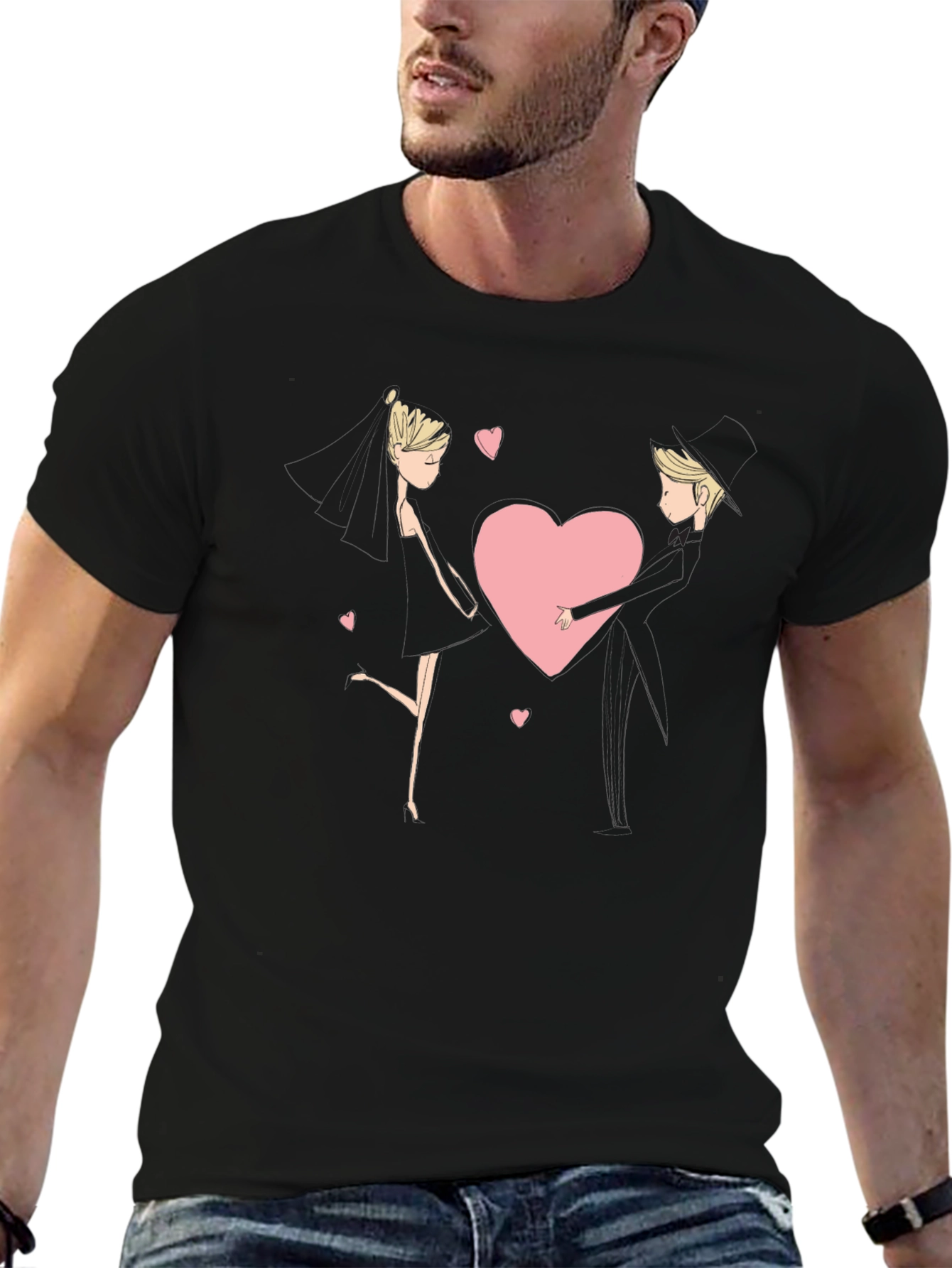 Romantic Couple Heart Graphic Black T-Shirt