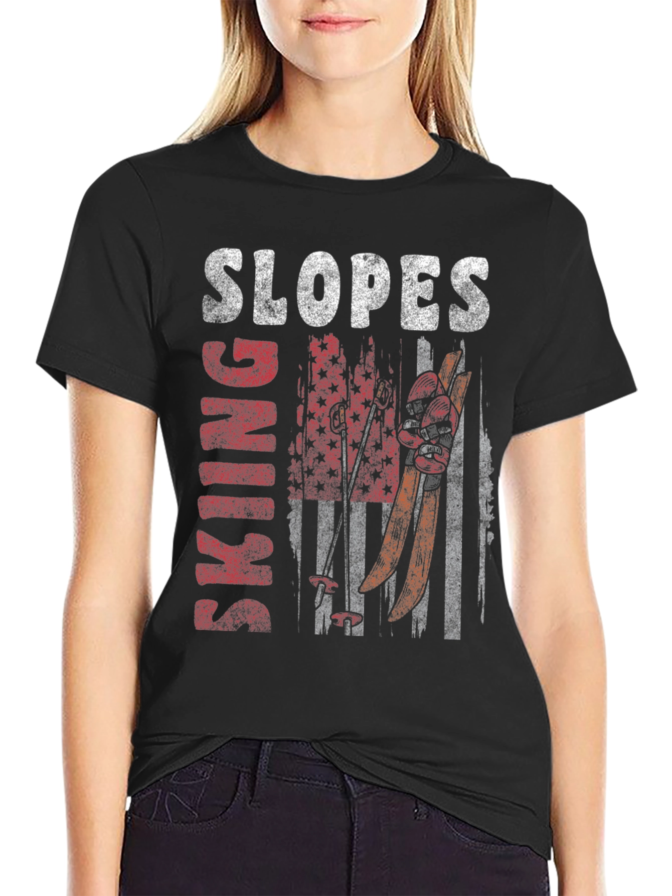 Skiing Slopes Graphic Tee - Black Cotton Blend
