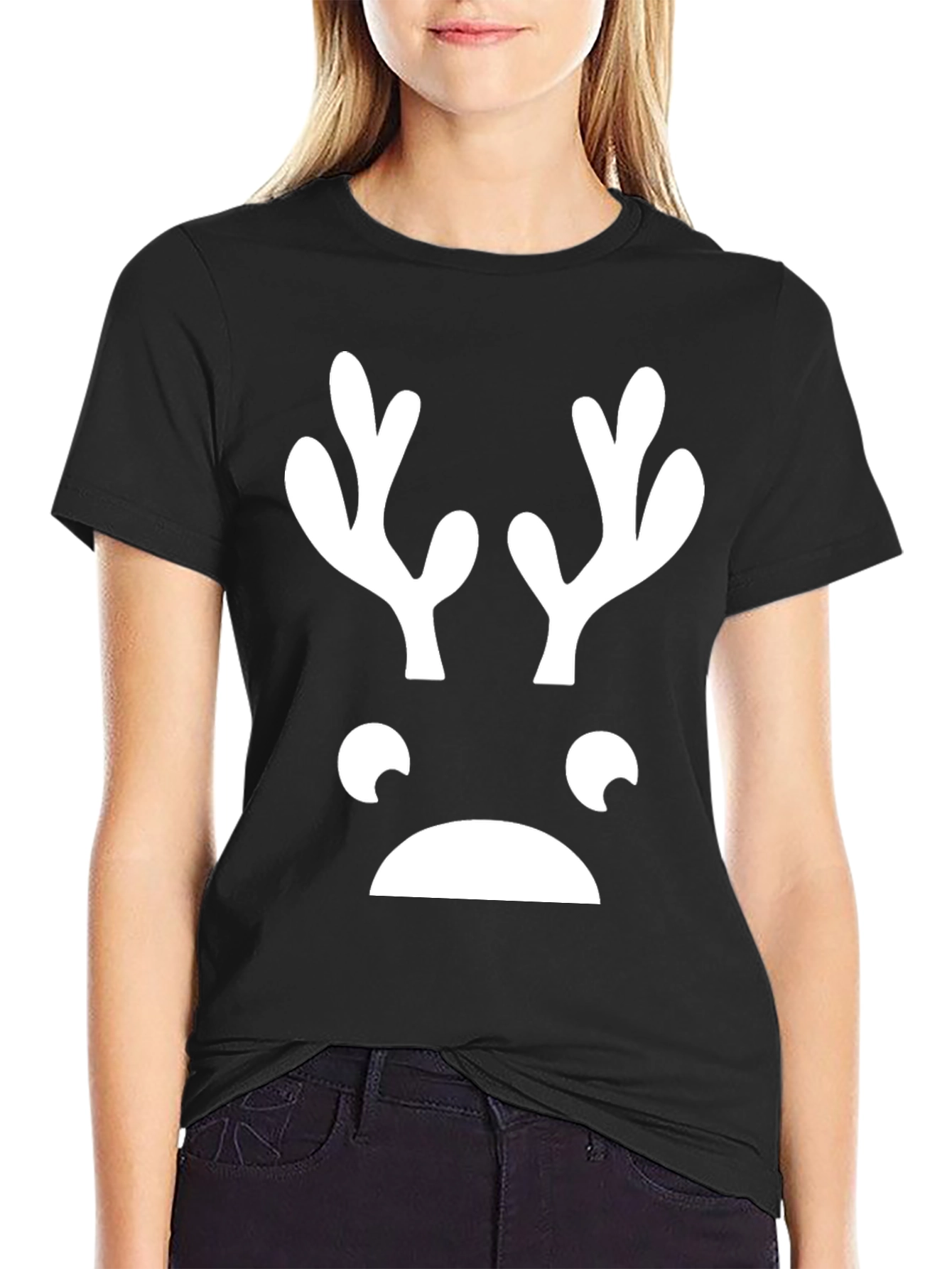 Funny Reindeer Face Graphic Tee - Black T-Shirt