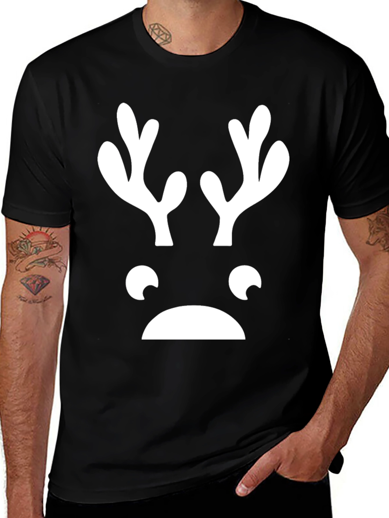 Funny Reindeer Face Graphic Tee - Black T-Shirt