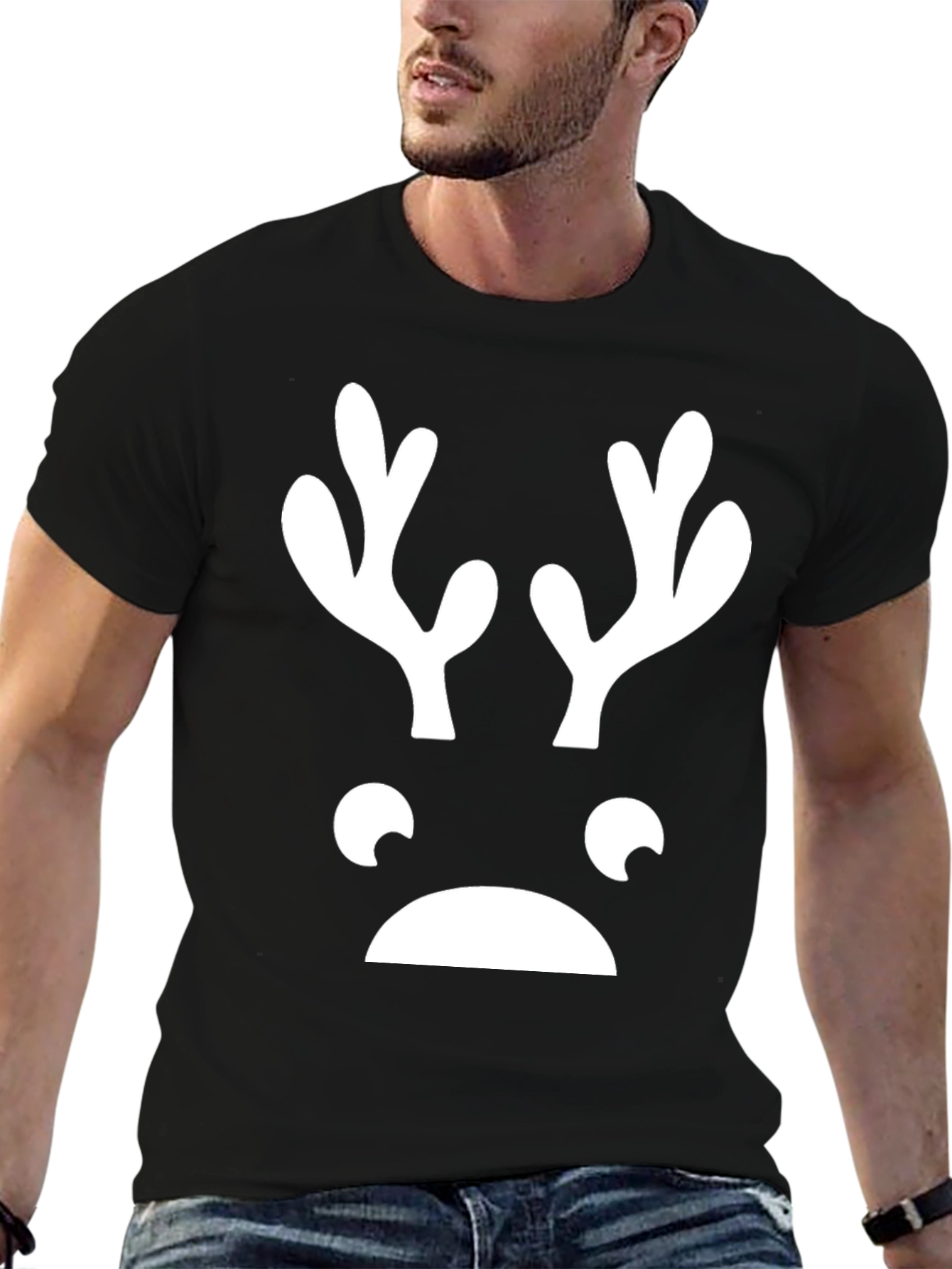 Funny Reindeer Face Graphic Tee - Black T-Shirt