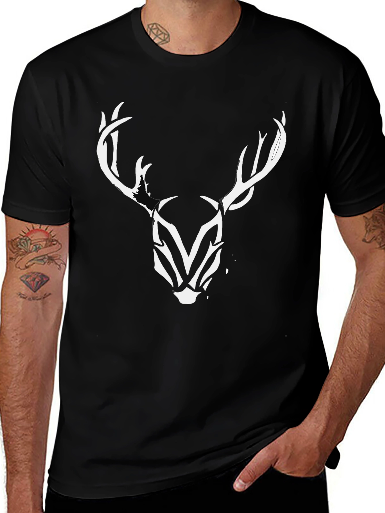 Stylish Deer Antler Graphic Print Black T-Shirt