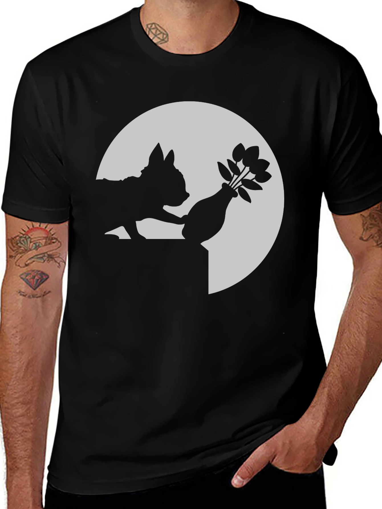Silhouette Cat & Flowers Graphic Tee - Black