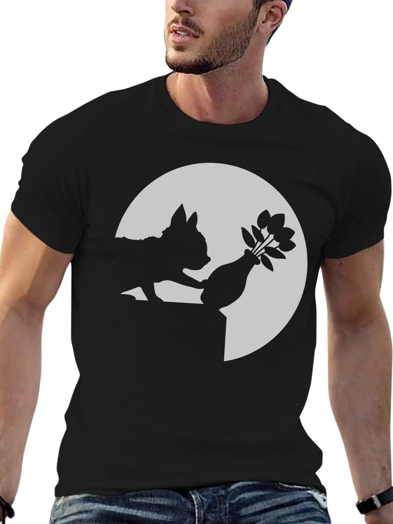 Silhouette Cat & Flowers Graphic Tee - Black