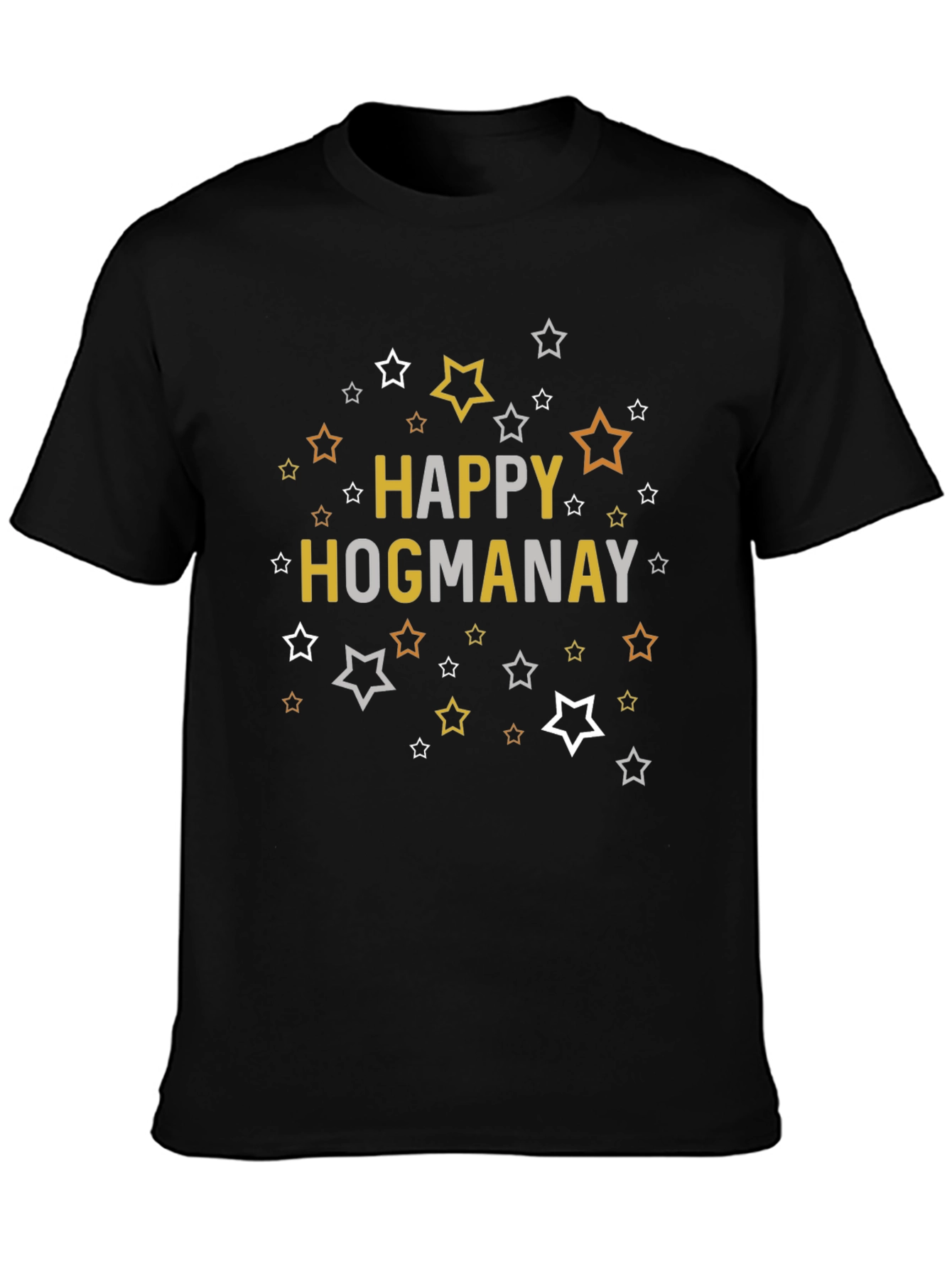 Happy Hogmanay Black T-Shirt with Star Graphics
