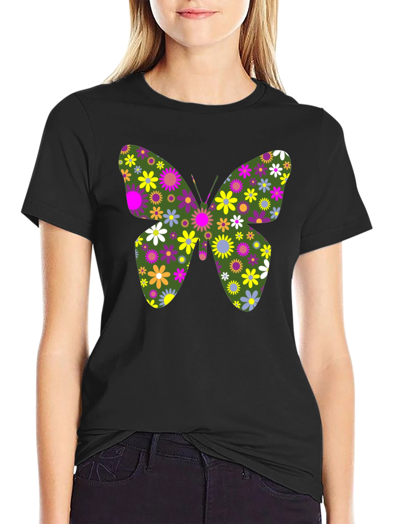 Floral Butterfly Graphic Tee - Unisex Black T-Shirt
