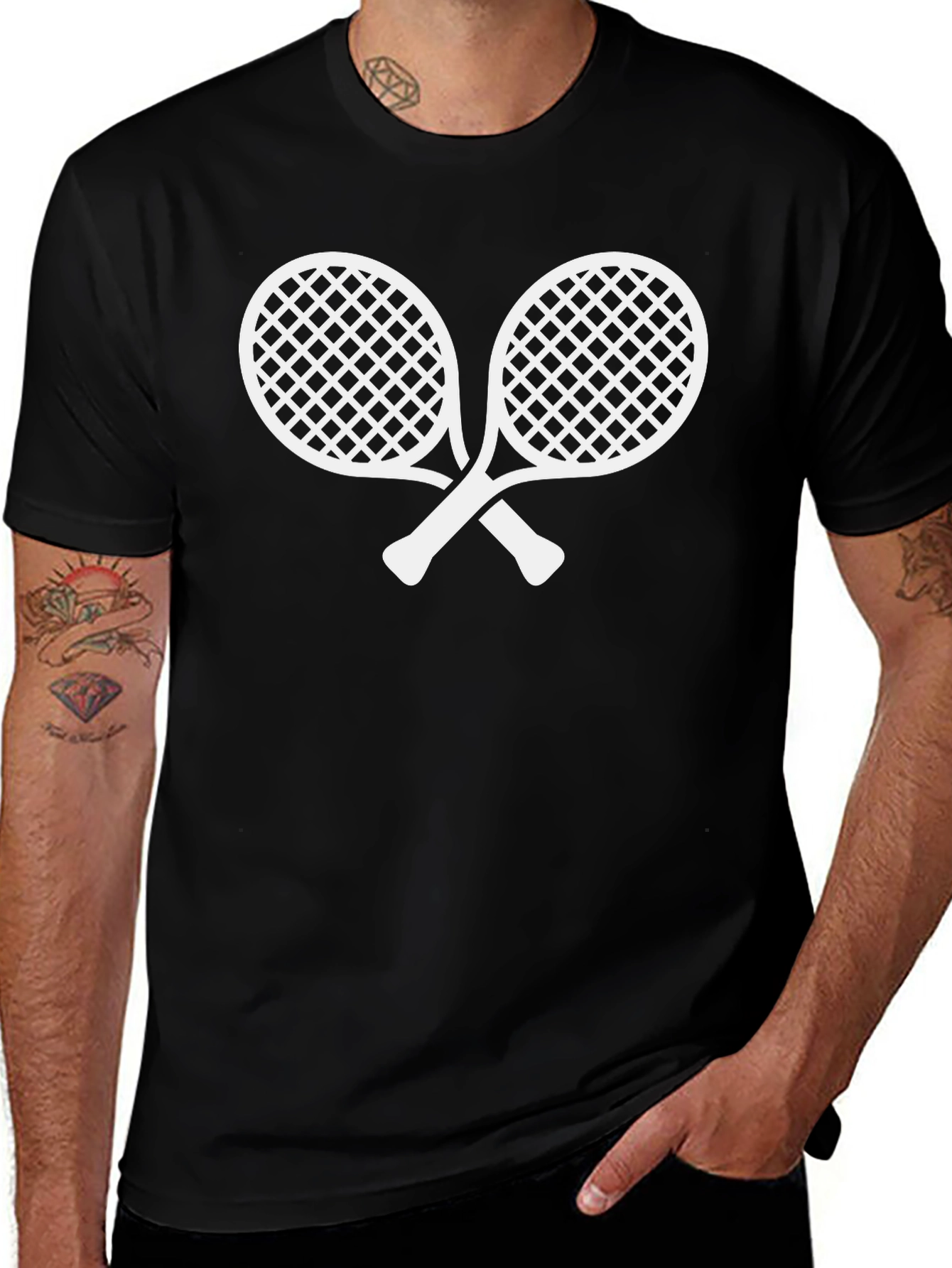 Tennis Racket Graphic Tee - Black Cotton T-Shirt