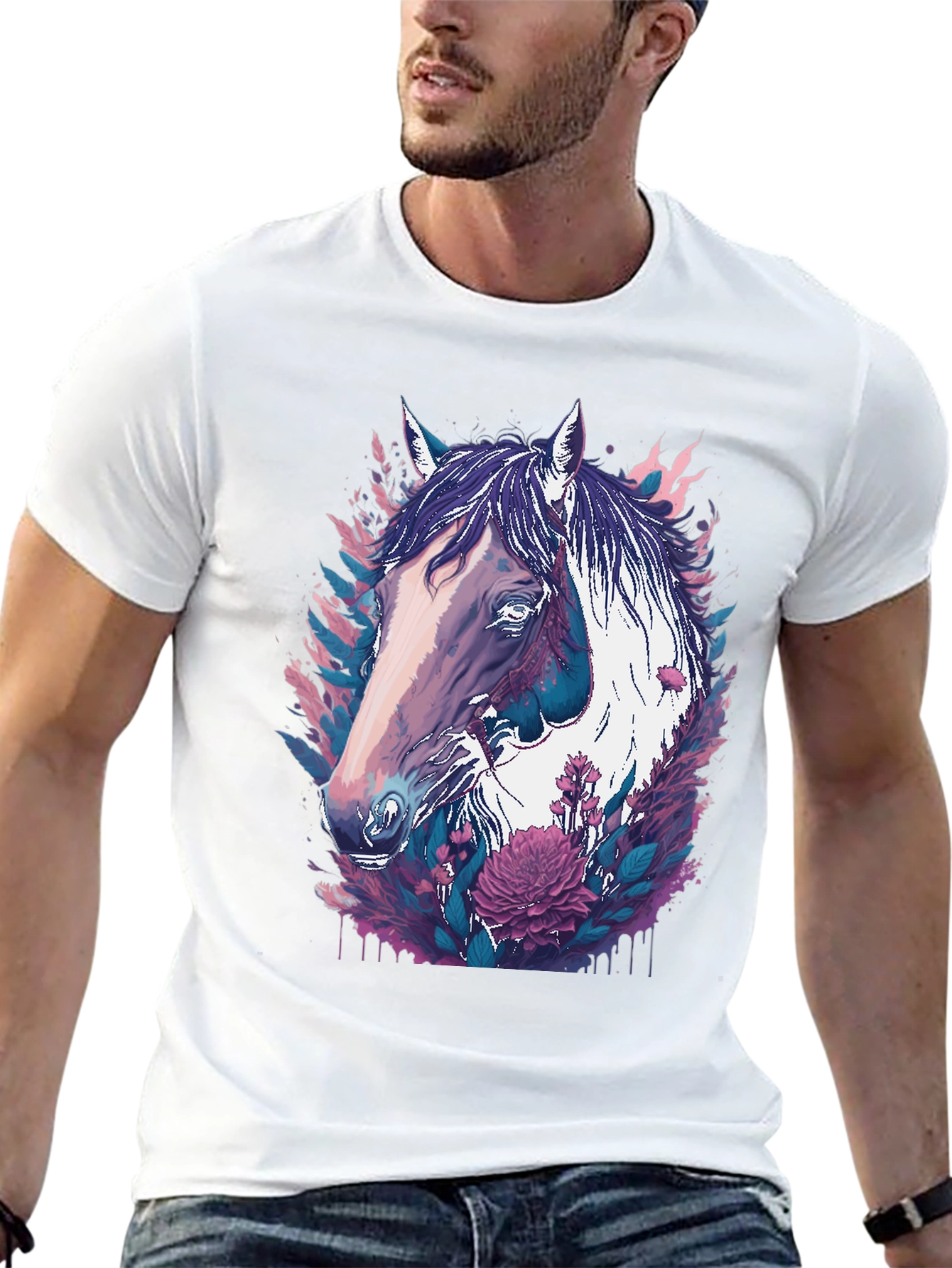 Horse & Floral Graphic Black T-Shirt