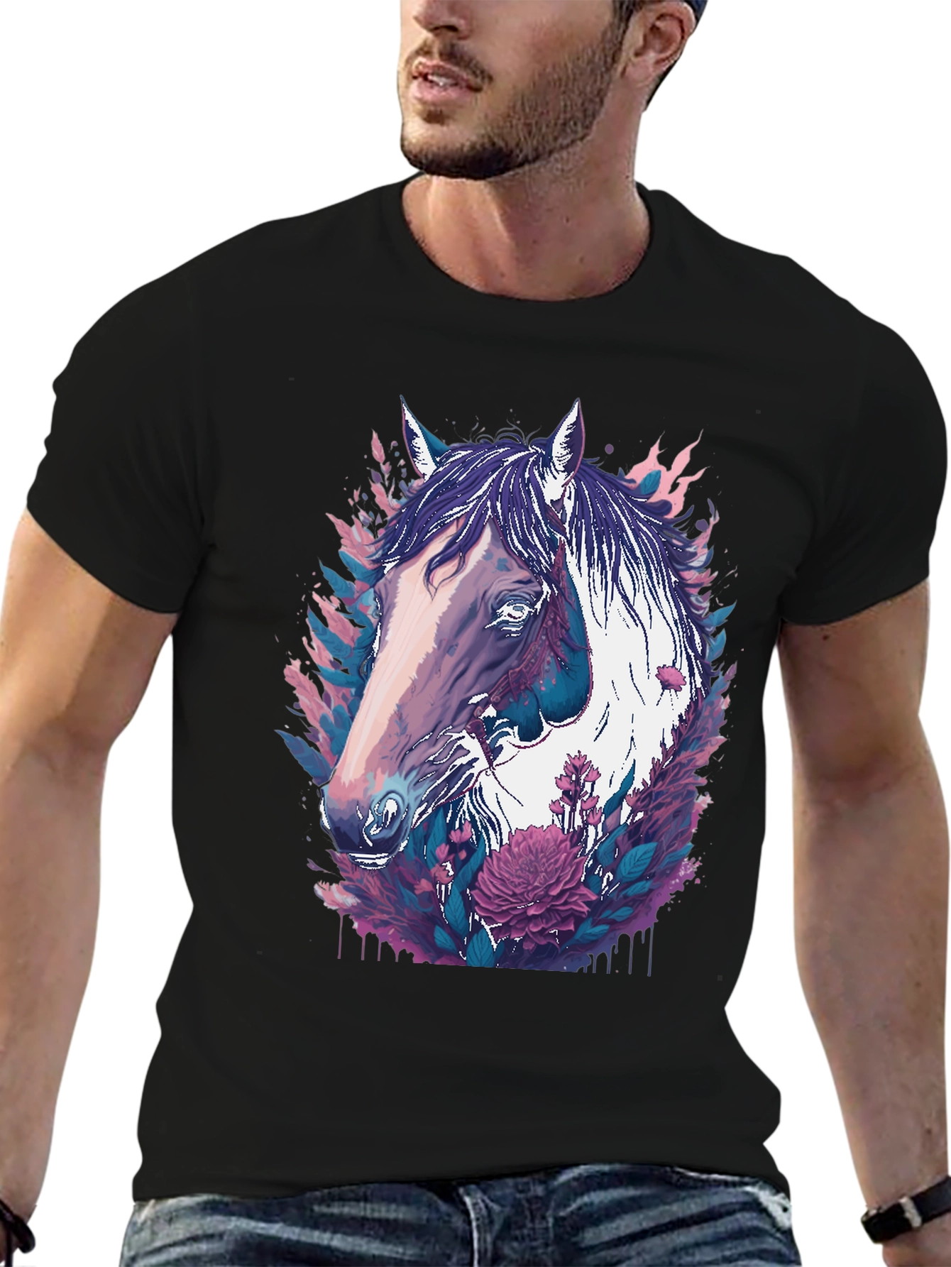 Horse & Floral Graphic Black T-Shirt