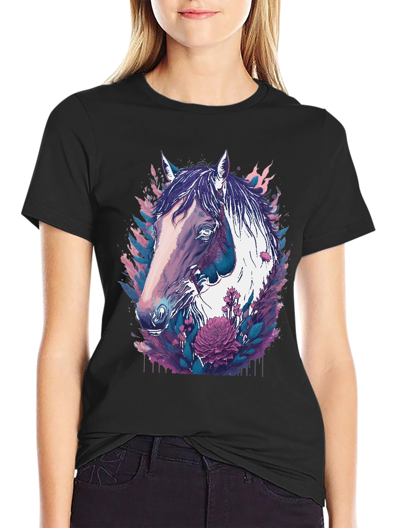 Horse & Floral Graphic Black T-Shirt